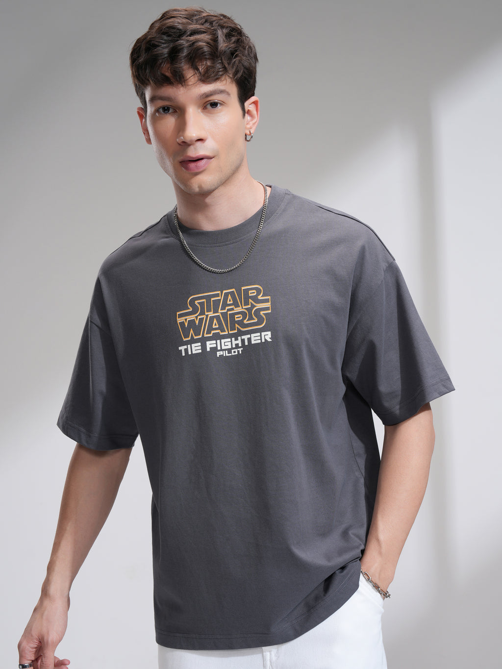 Star Wars By Highlander Men Grey Darth Vader Printed Round Neck Oversized Fit T-Shirt - Grey - Image 3