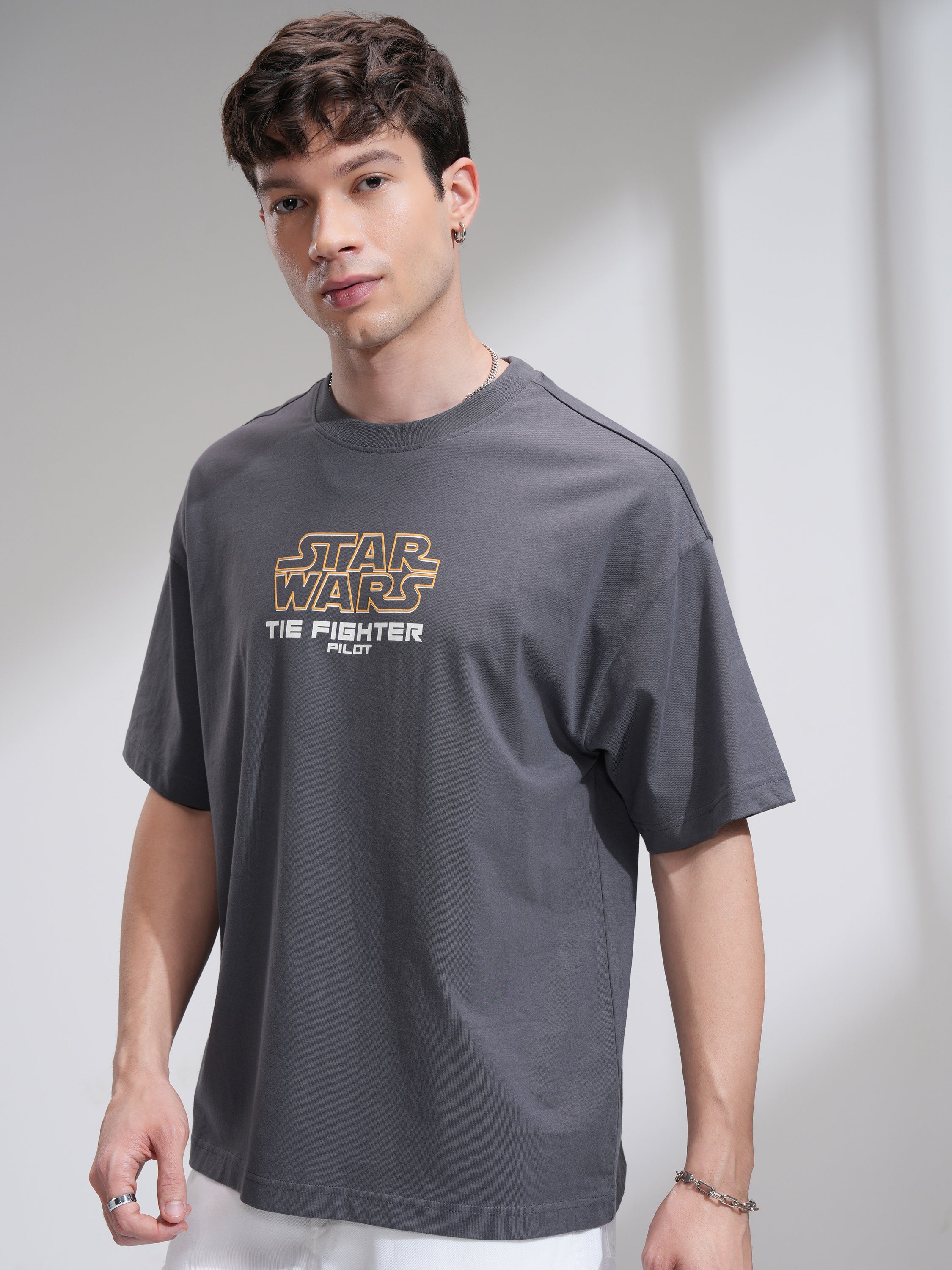 Star Wars By Highlander Men Grey Darth Vader Printed Round Neck Oversized Fit T-Shirt - Grey - Image 4