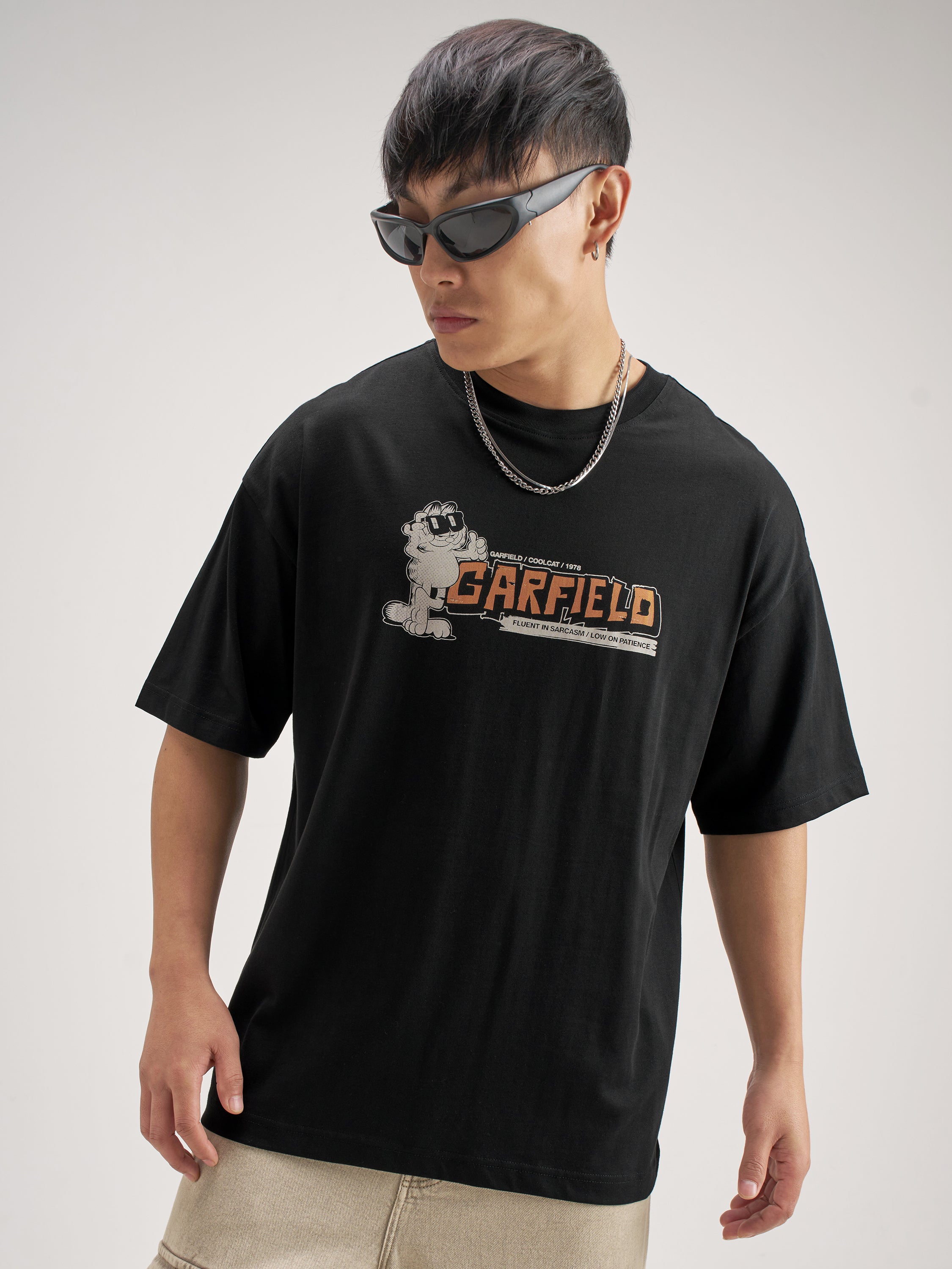 Highlander Men Black Garfield Printed Round Neck Oversized Fit T-Shirt - Black - Image 3