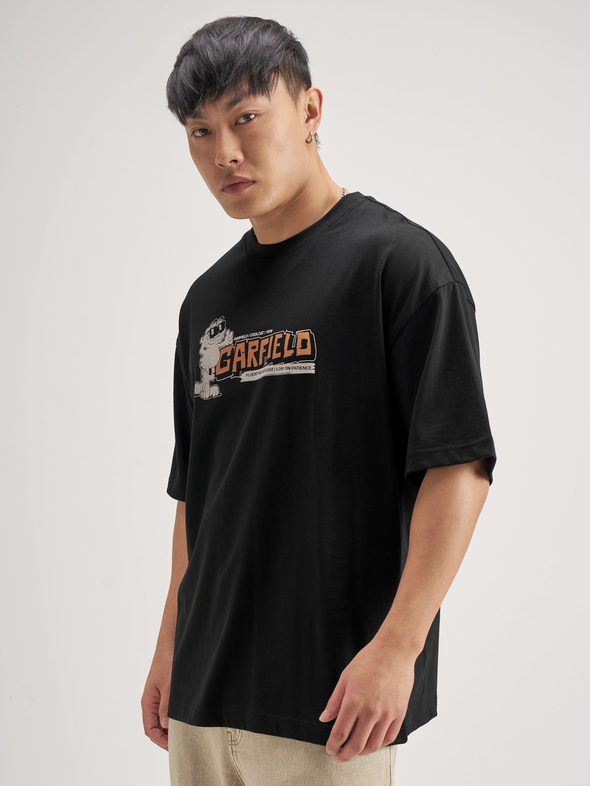 Highlander Men Black Garfield Printed Round Neck Oversized Fit T-Shirt - Black - Image 4