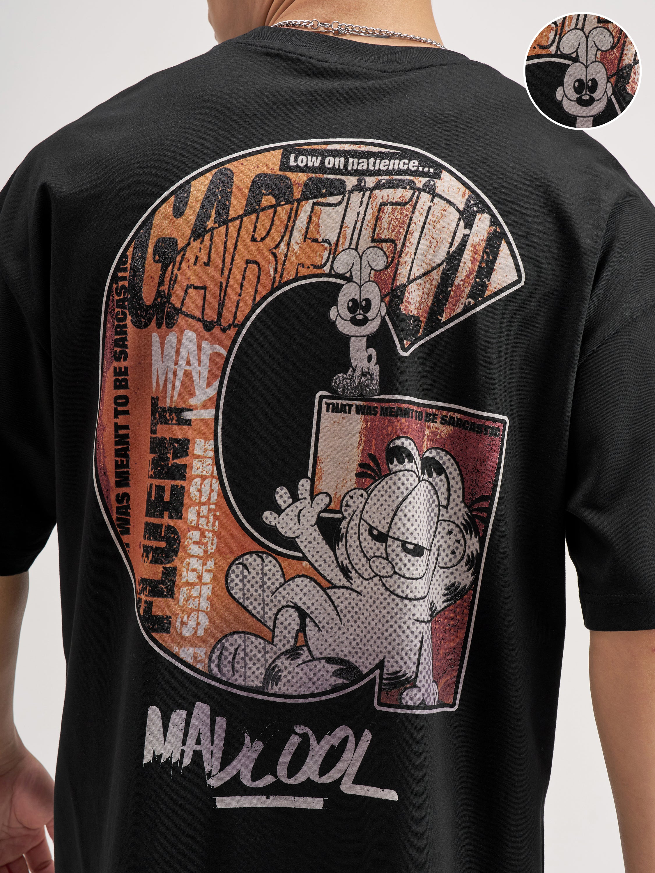 Highlander Men Black Garfield Printed Round Neck Oversized Fit T-Shirt - Black - Image 5