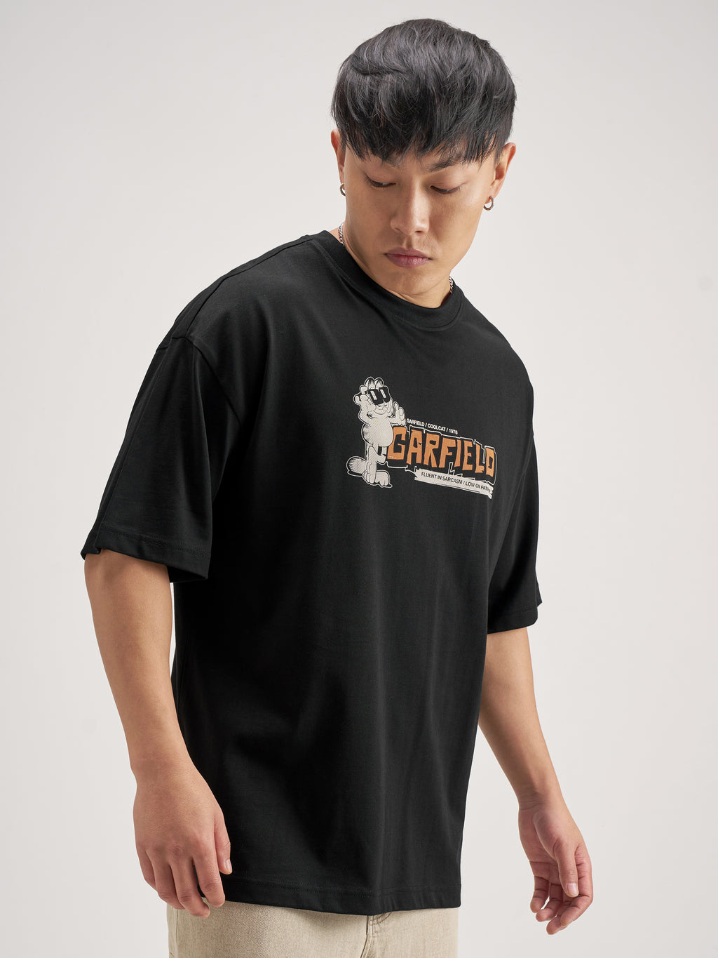 Highlander Men Black Garfield Printed Round Neck Oversized Fit T-Shirt - Black - Image 6
