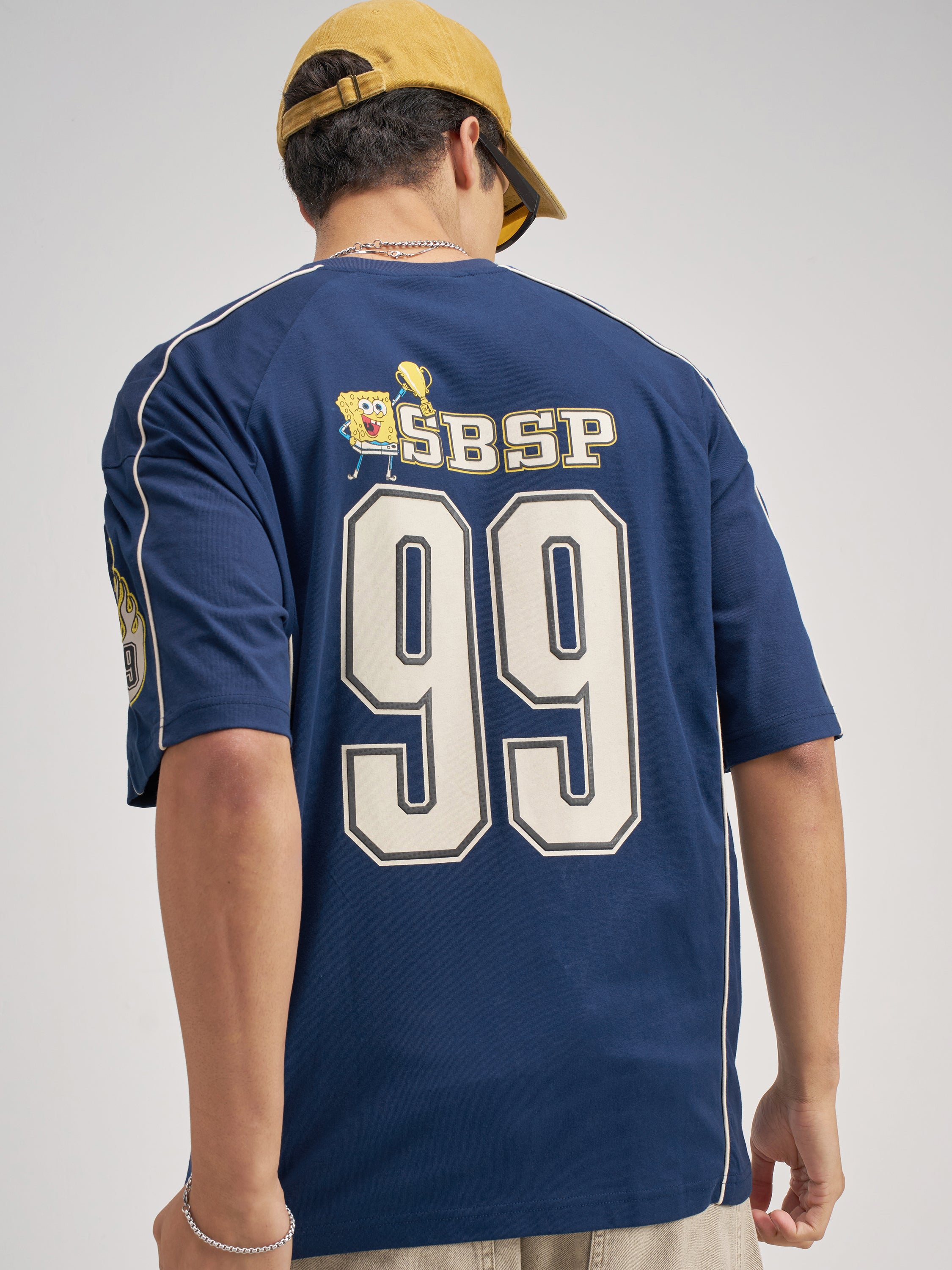 Highlander Men Navy Blue Spongebob Squarepants Printed Round Neck Oversized Fit T-Shirt - Navy Blue - Image 1