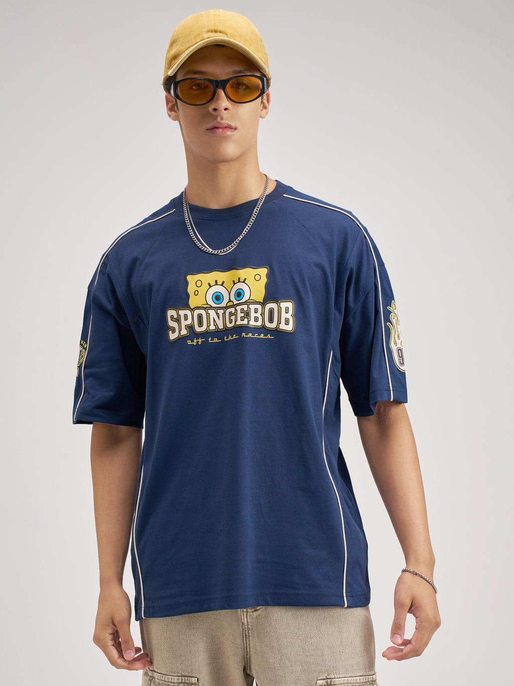 Highlander Men Navy Blue Spongebob Squarepants Printed Round Neck Oversized Fit T-Shirt - Navy Blue - Image 3