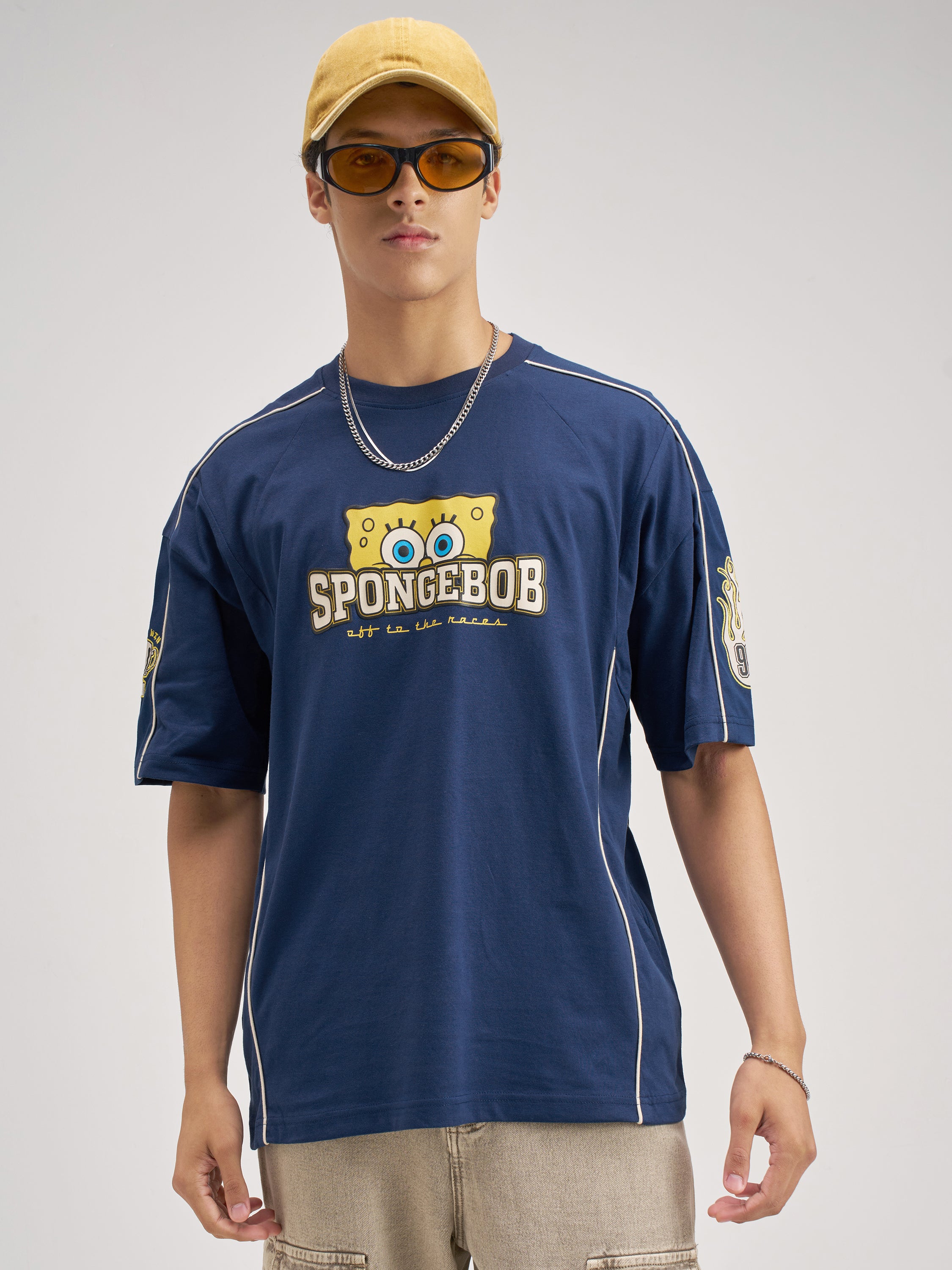 Highlander Men Navy Blue Spongebob Squarepants Printed Round Neck Oversized Fit T-Shirt - Navy Blue - Image 3