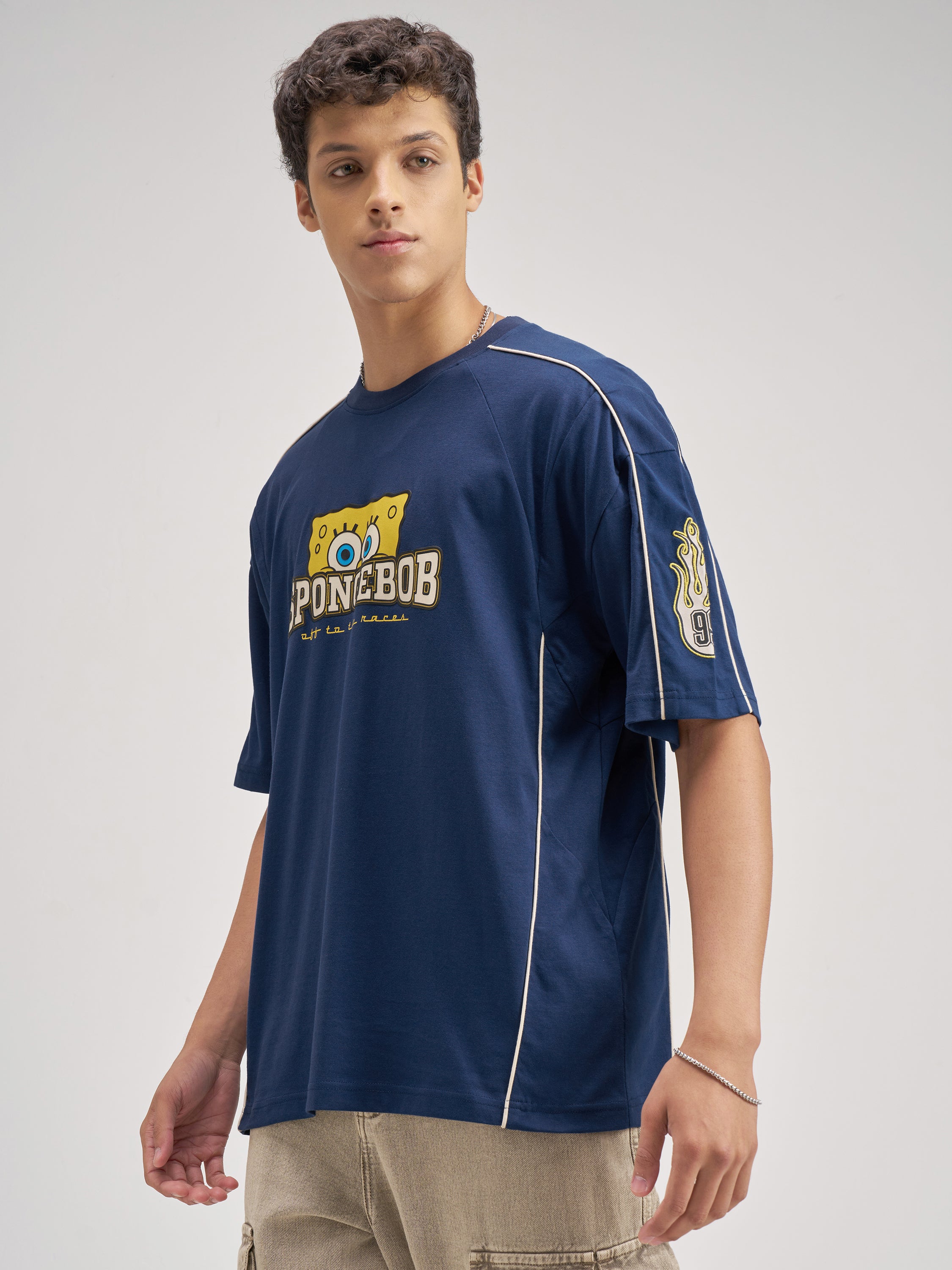 Highlander Men Navy Blue Spongebob Squarepants Printed Round Neck Oversized Fit T-Shirt - Navy Blue - Image 4