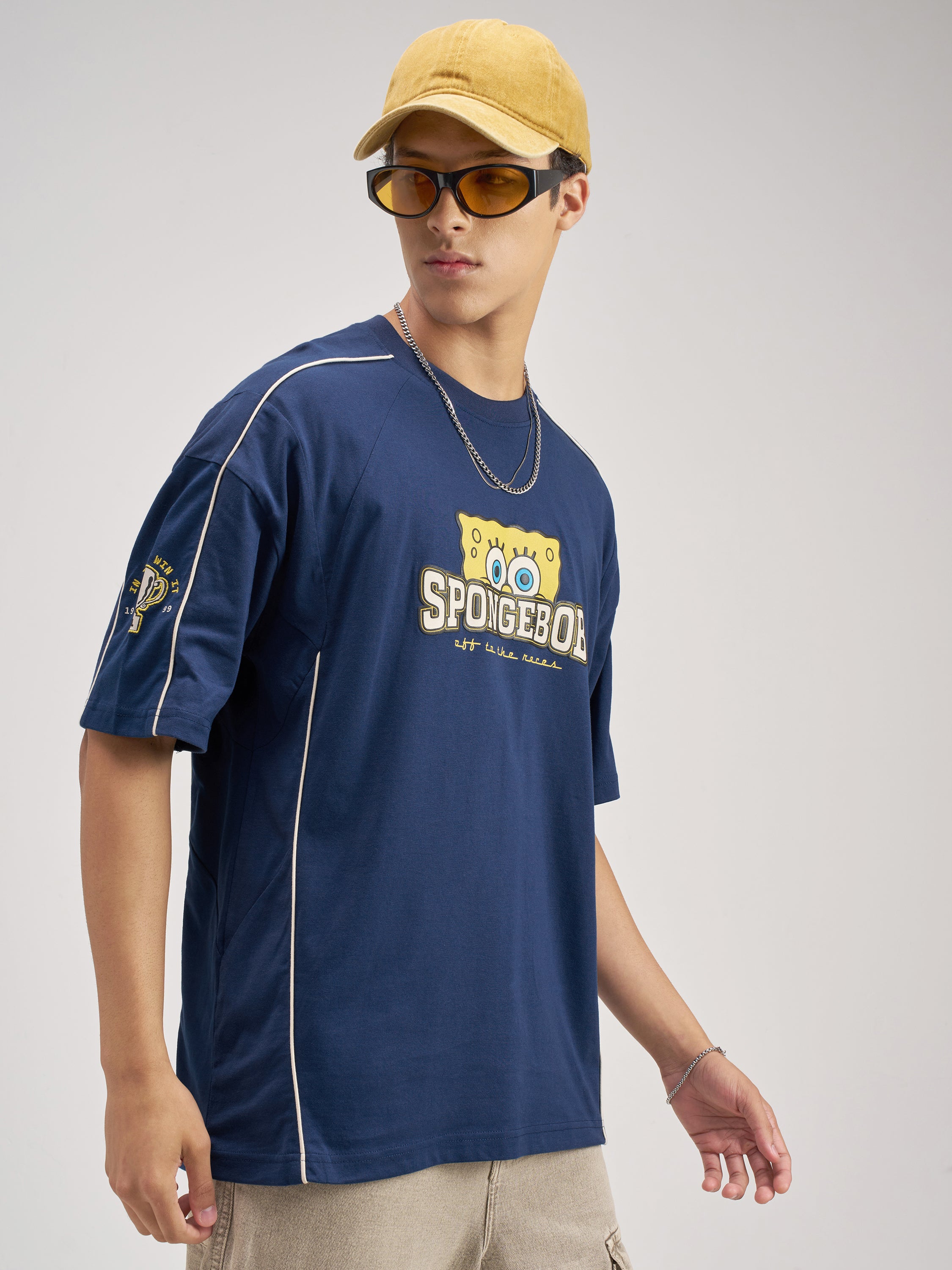 Highlander Men Navy Blue Spongebob Squarepants Printed Round Neck Oversized Fit T-Shirt - Navy Blue - Image 6