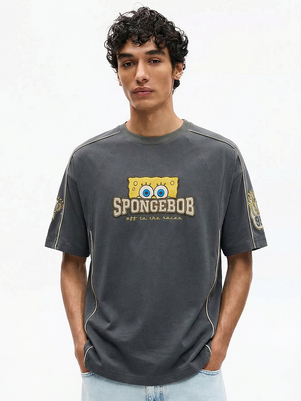 Highlander Men Grey Spongebob Squarepants Printed Round Neck Oversized Fit T-Shirt - Grey - Image 4