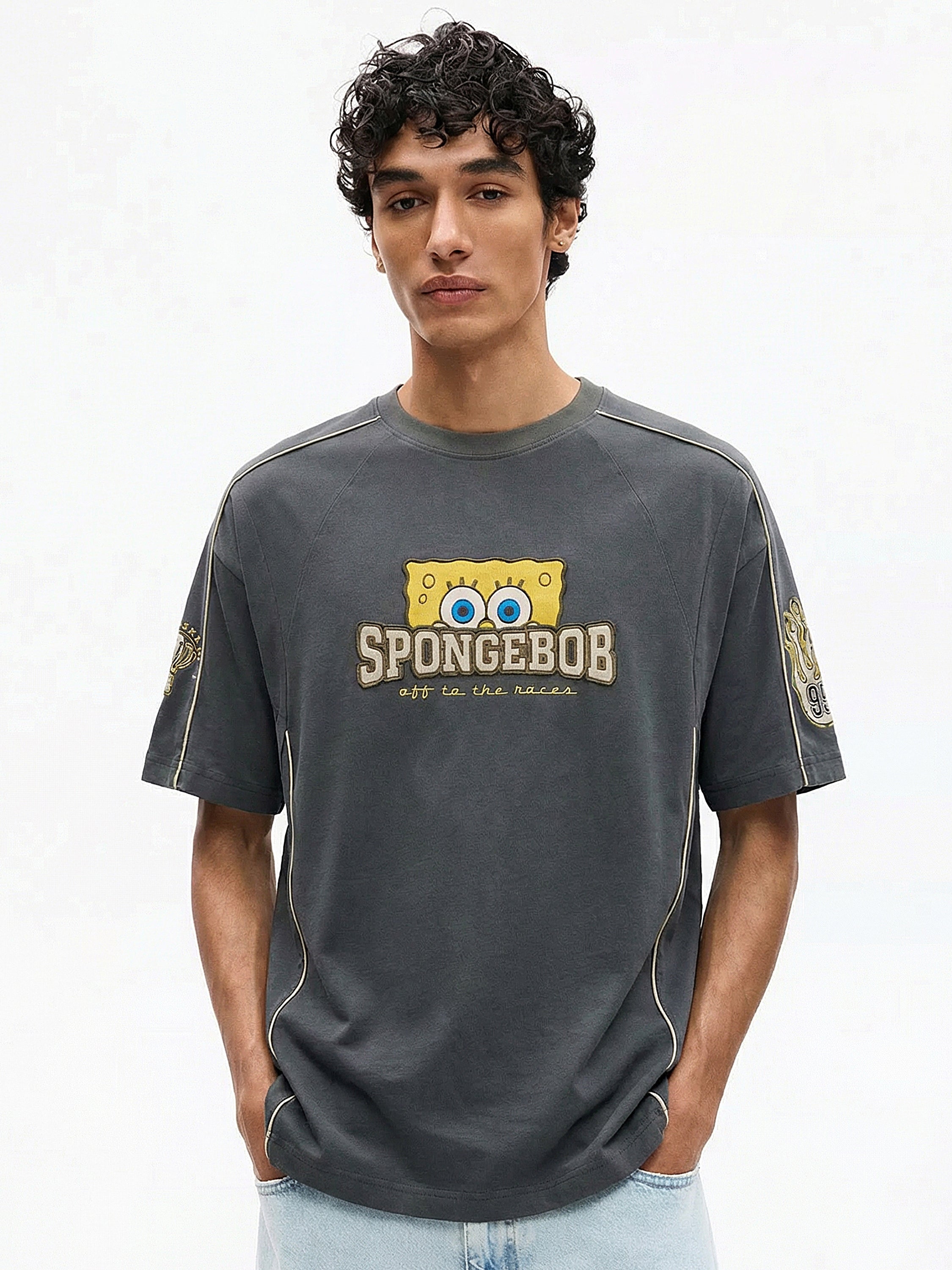 Highlander Men Grey Spongebob Squarepants Printed Round Neck Oversized Fit T-Shirt - Grey - Image 4