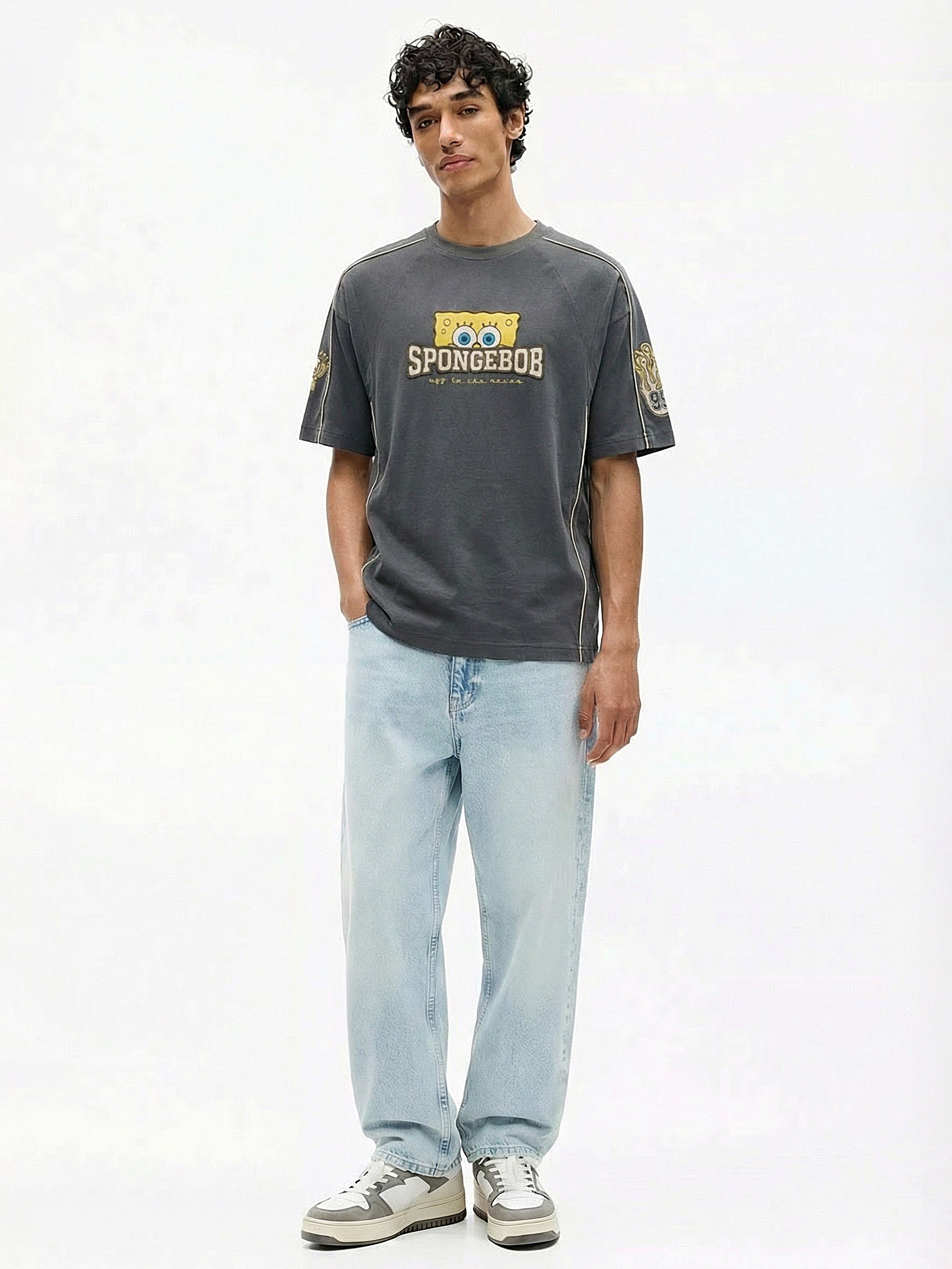 Highlander Men Grey Spongebob Squarepants Printed Round Neck Oversized Fit T-Shirt - Grey - Image 5