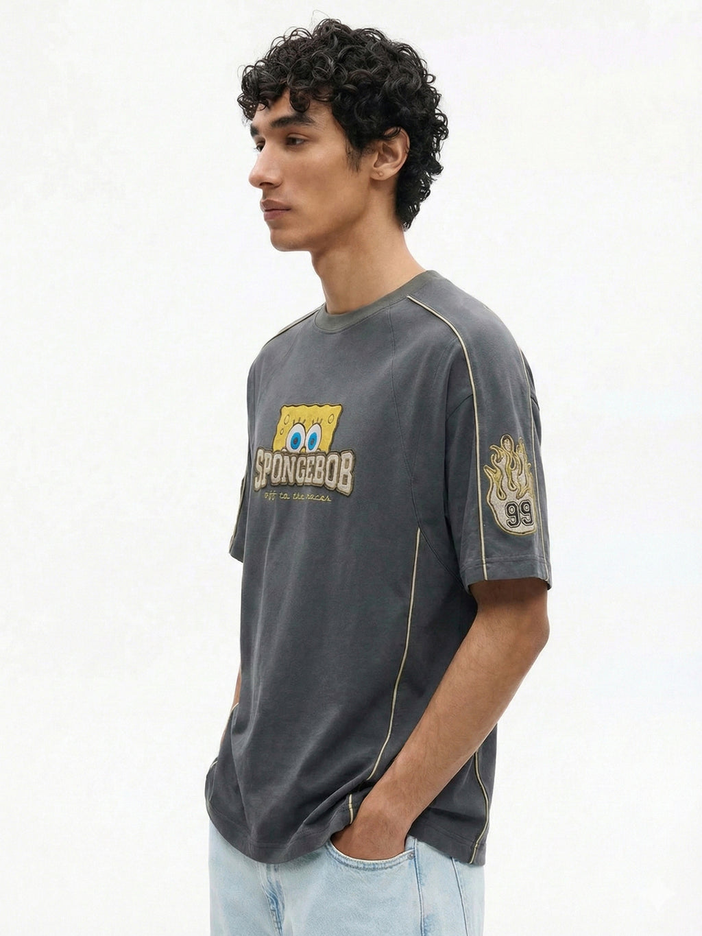 Highlander Men Grey Spongebob Squarepants Printed Round Neck Oversized Fit T-Shirt - Grey - Image 6