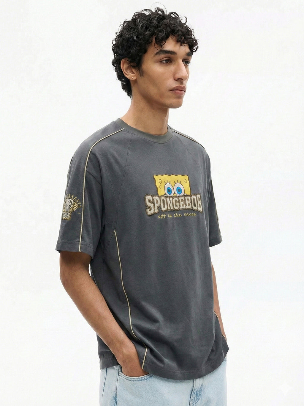 Highlander Men Grey Spongebob Squarepants Printed Round Neck Oversized Fit T-Shirt - Grey - Image 7