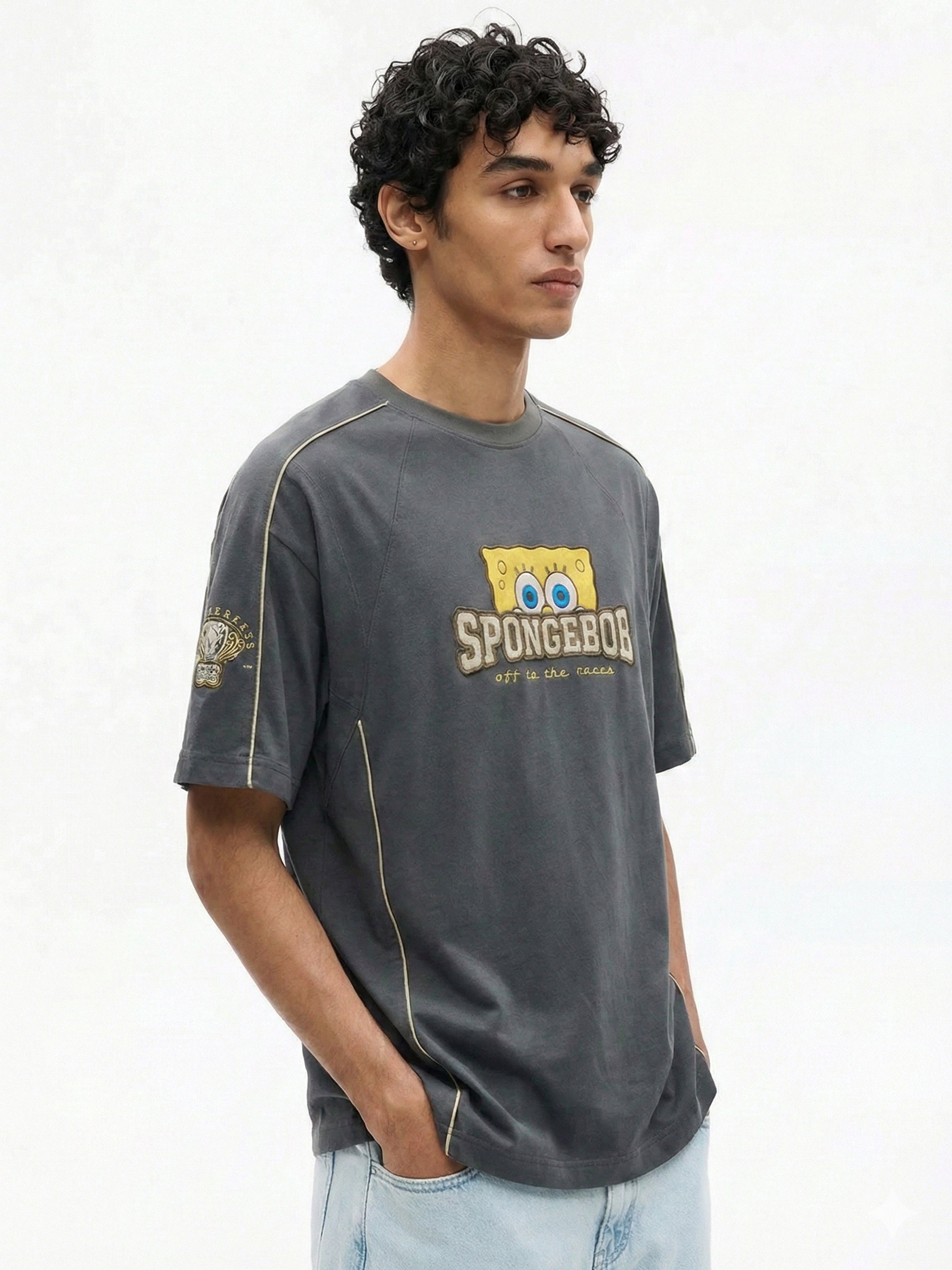 Highlander Men Grey Spongebob Squarepants Printed Round Neck Oversized Fit T-Shirt - Grey - Image 7