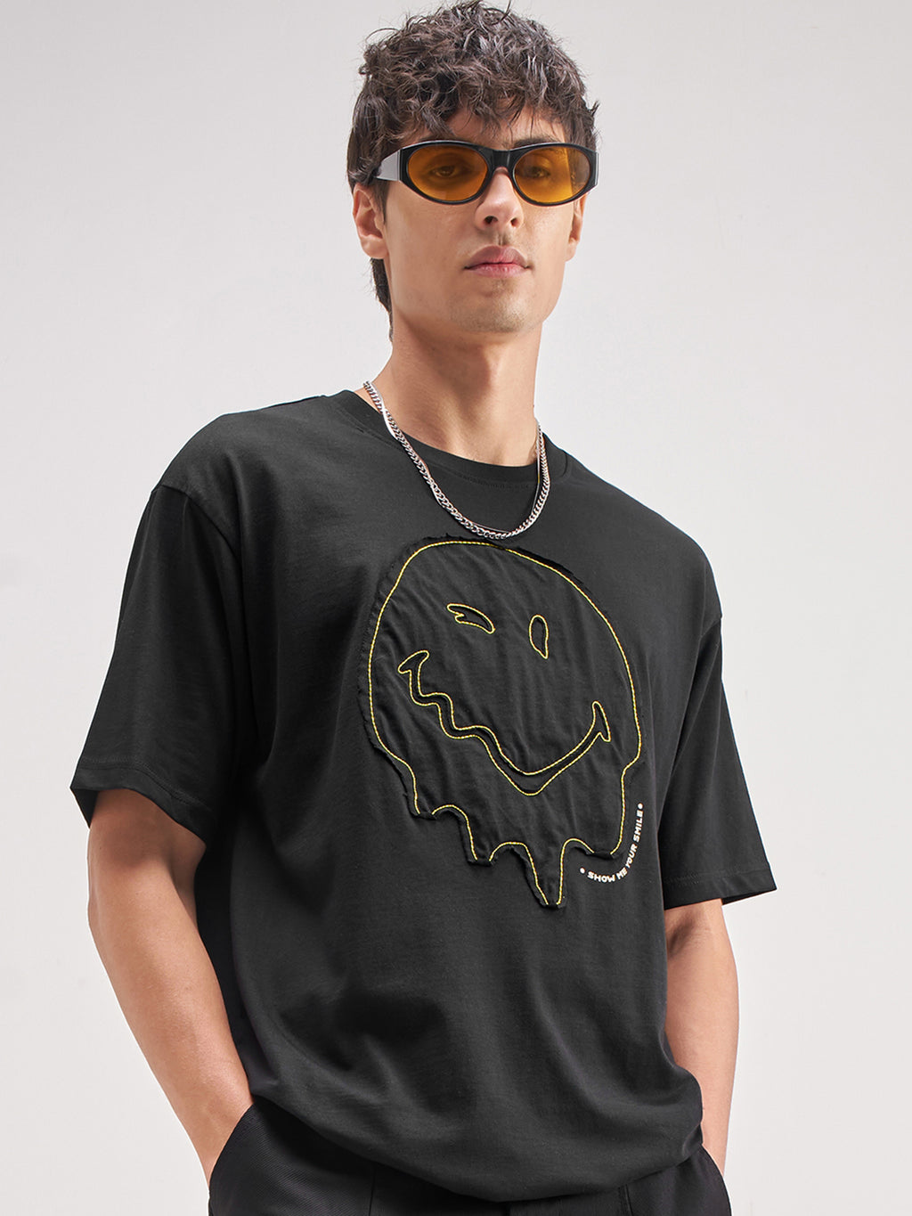 Highlander Men Black SmileyWorld® Applique Round Neck Applique T-Shirt - Black - Image 1