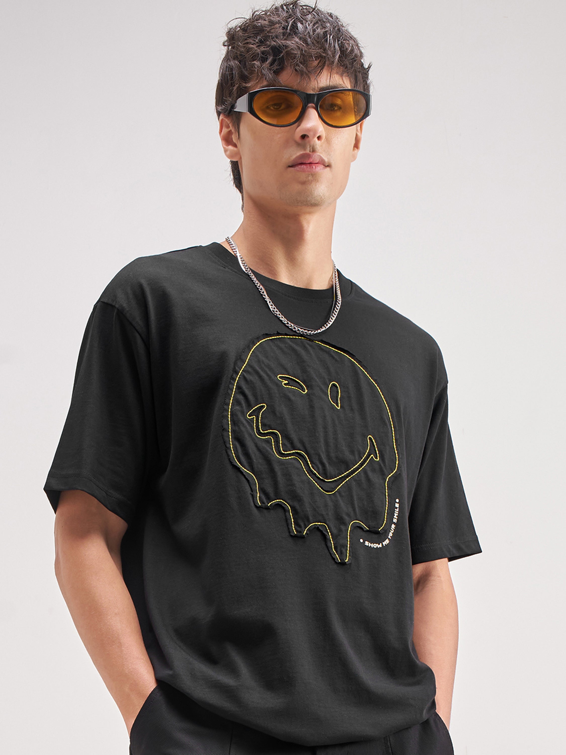 Highlander Men Black SmileyWorld® Applique Round Neck Applique T-Shirt - Black - Image 1