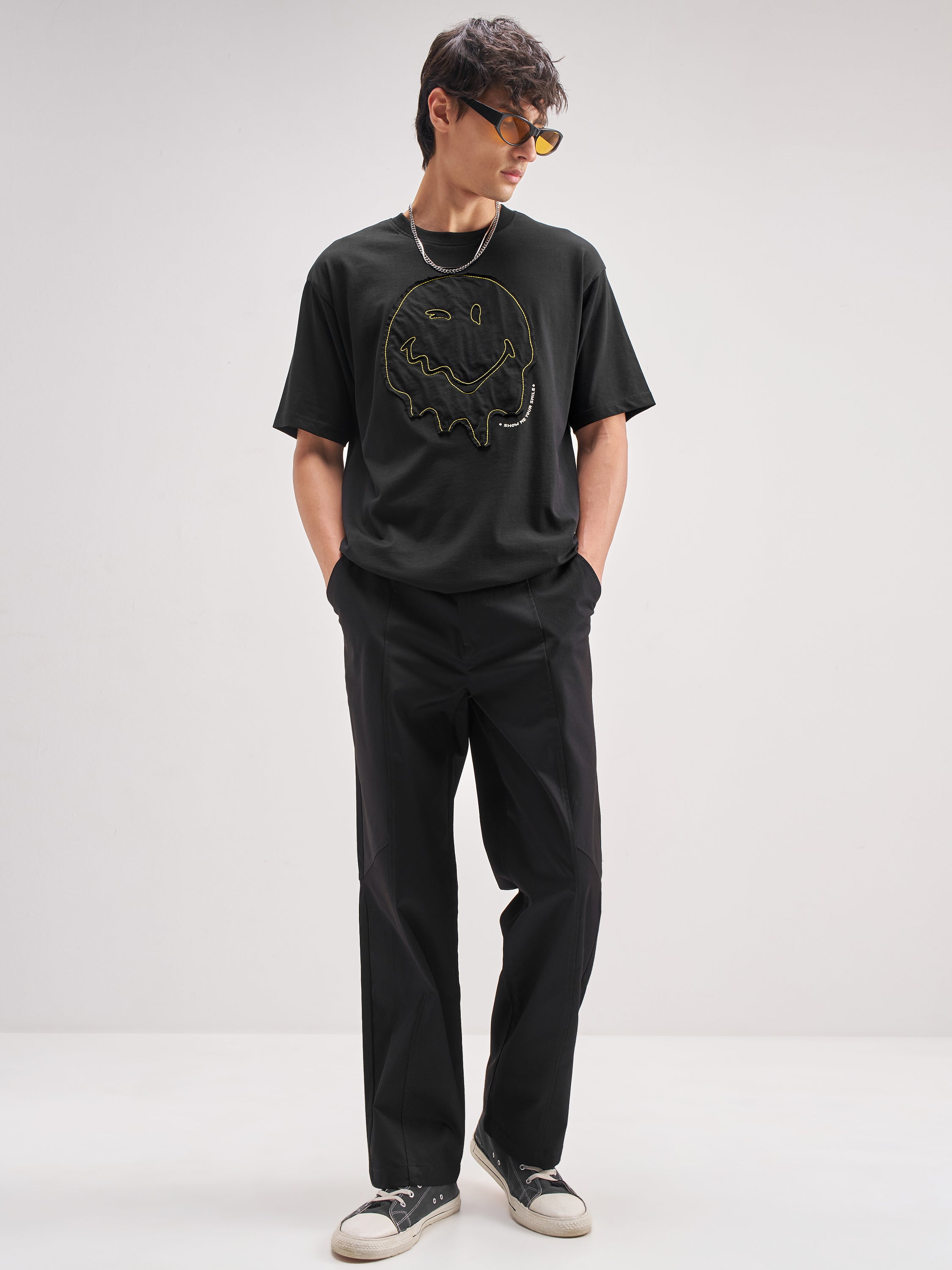 Highlander Men Black SmileyWorld® Applique Round Neck Applique T-Shirt - Black - Image 2