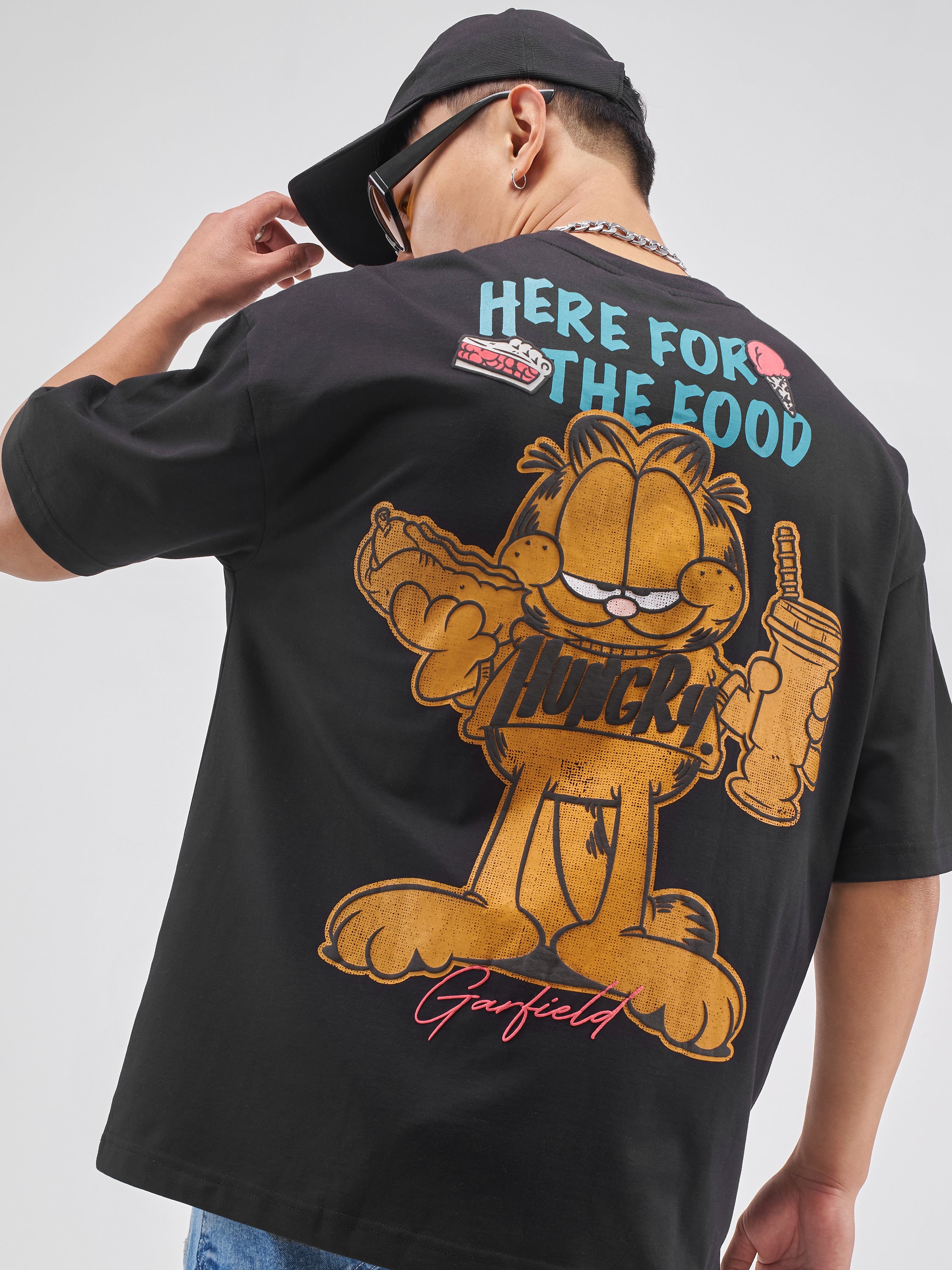 Highlander Men Black Garfield Printed Round Neck Oversized Fit T-Shirt - Black - Image 1
