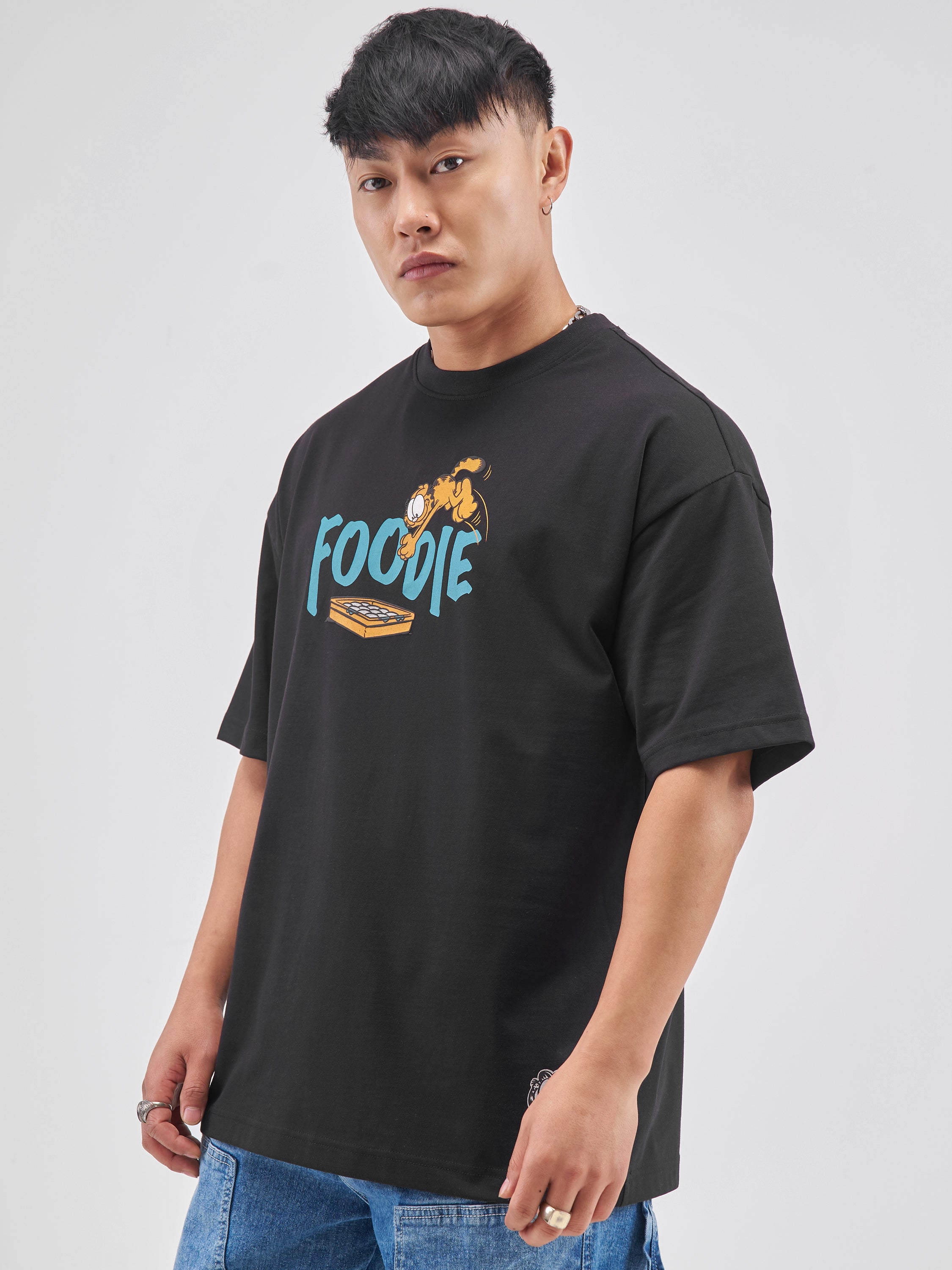 Highlander Men Black Garfield Printed Round Neck Oversized Fit T-Shirt - Black - Image 4