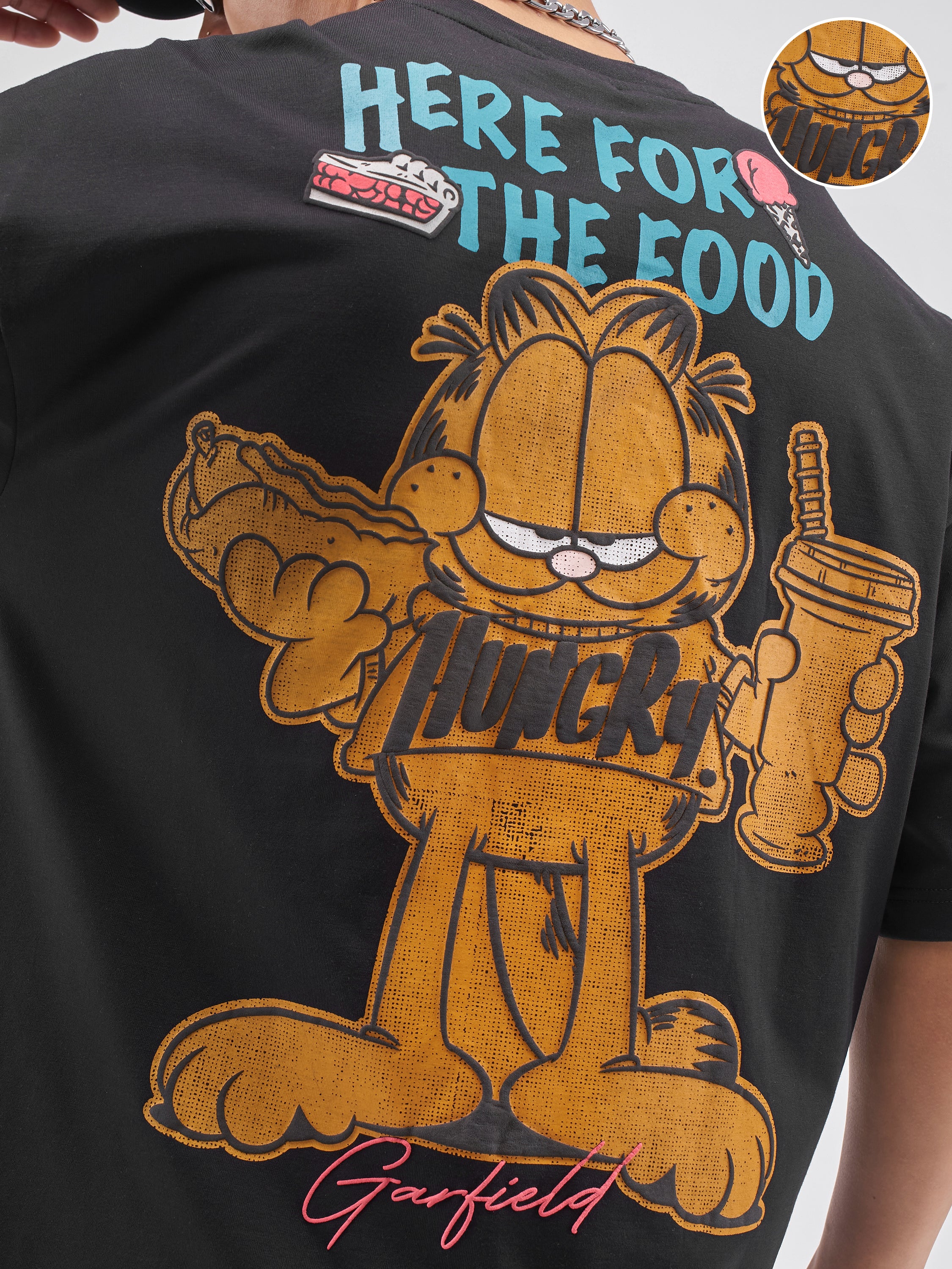 Highlander Men Black Garfield Printed Round Neck Oversized Fit T-Shirt - Black - Image 5