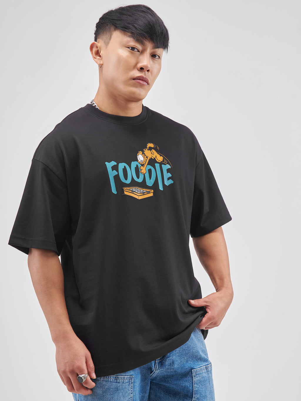 Highlander Men Black Garfield Printed Round Neck Oversized Fit T-Shirt - Black - Image 6