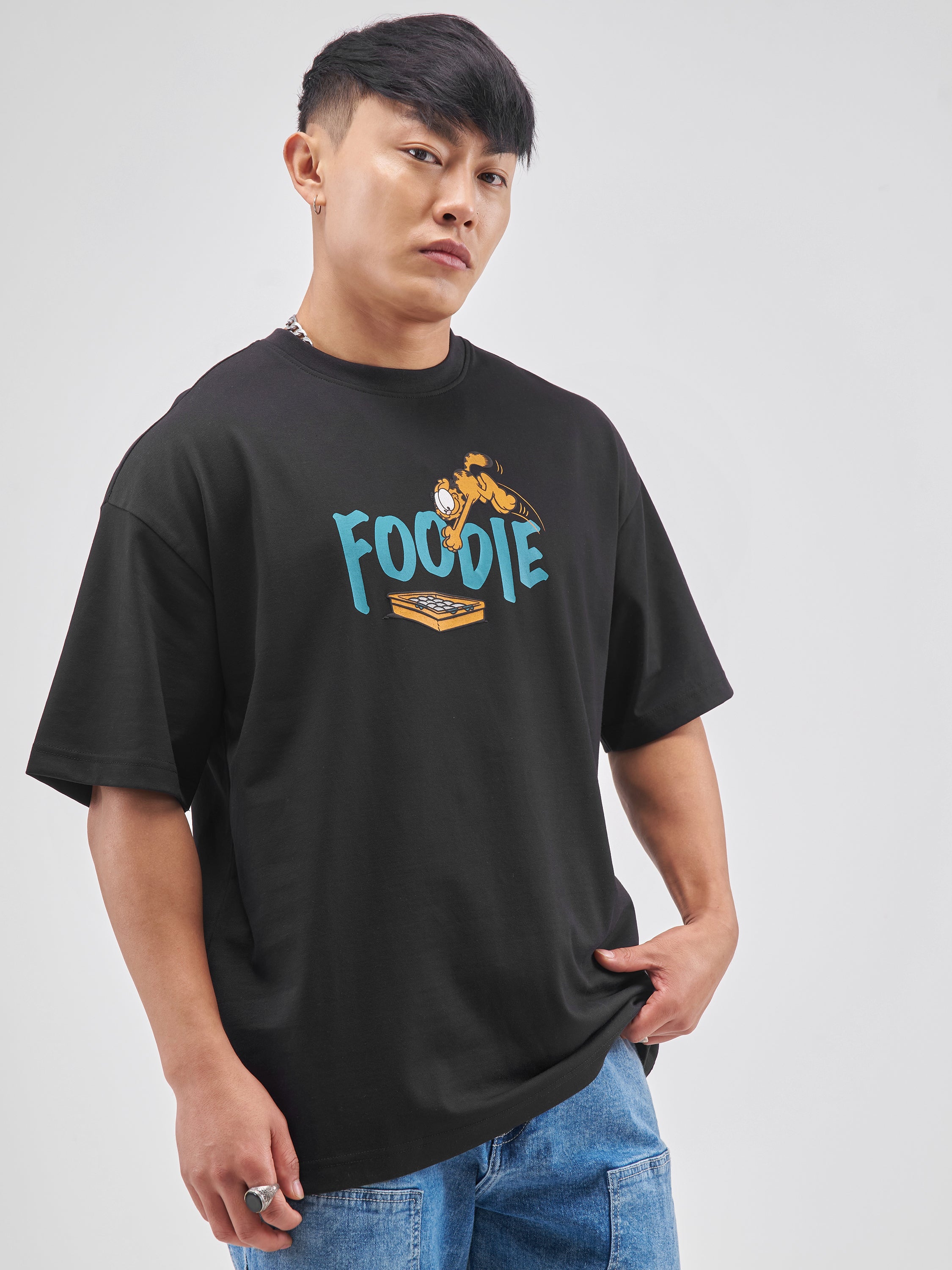 Highlander Men Black Garfield Printed Round Neck Oversized Fit T-Shirt - Black - Image 6