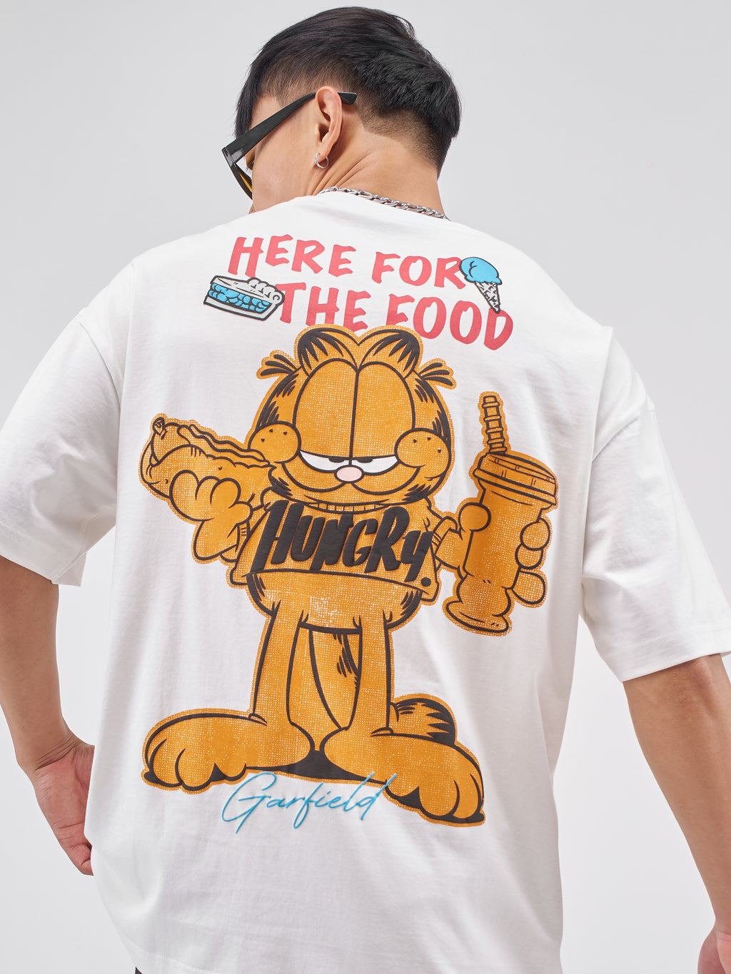 Highlander Men White Garfield Printed Round Neck Oversized Fit T-Shirt - White - Image 1