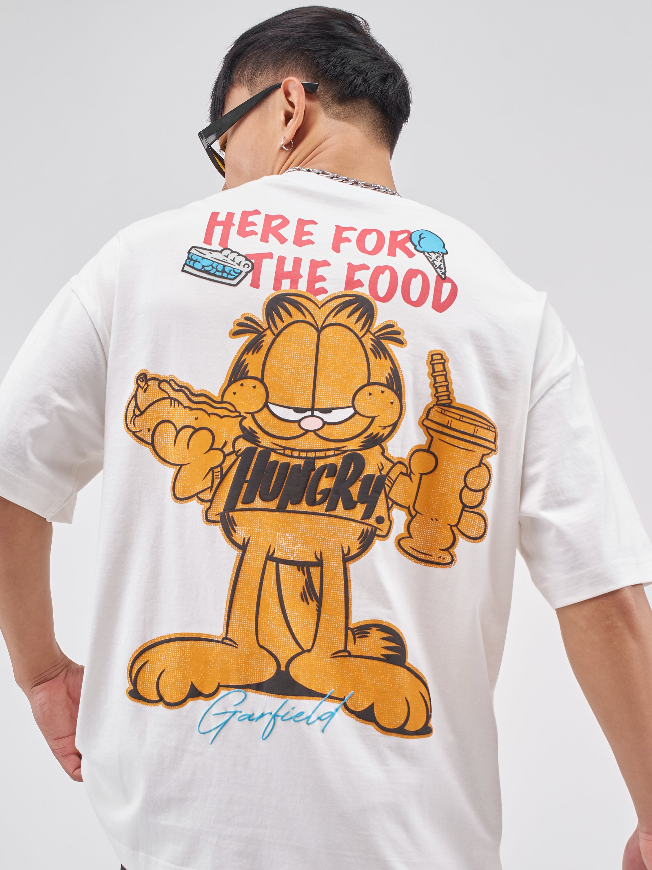 Highlander Men White Garfield Printed Round Neck Oversized Fit T-Shirt - White - Image 1
