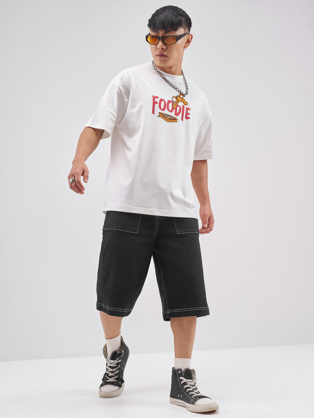 Highlander Men White Garfield Printed Round Neck Oversized Fit T-Shirt - White - Image 2
