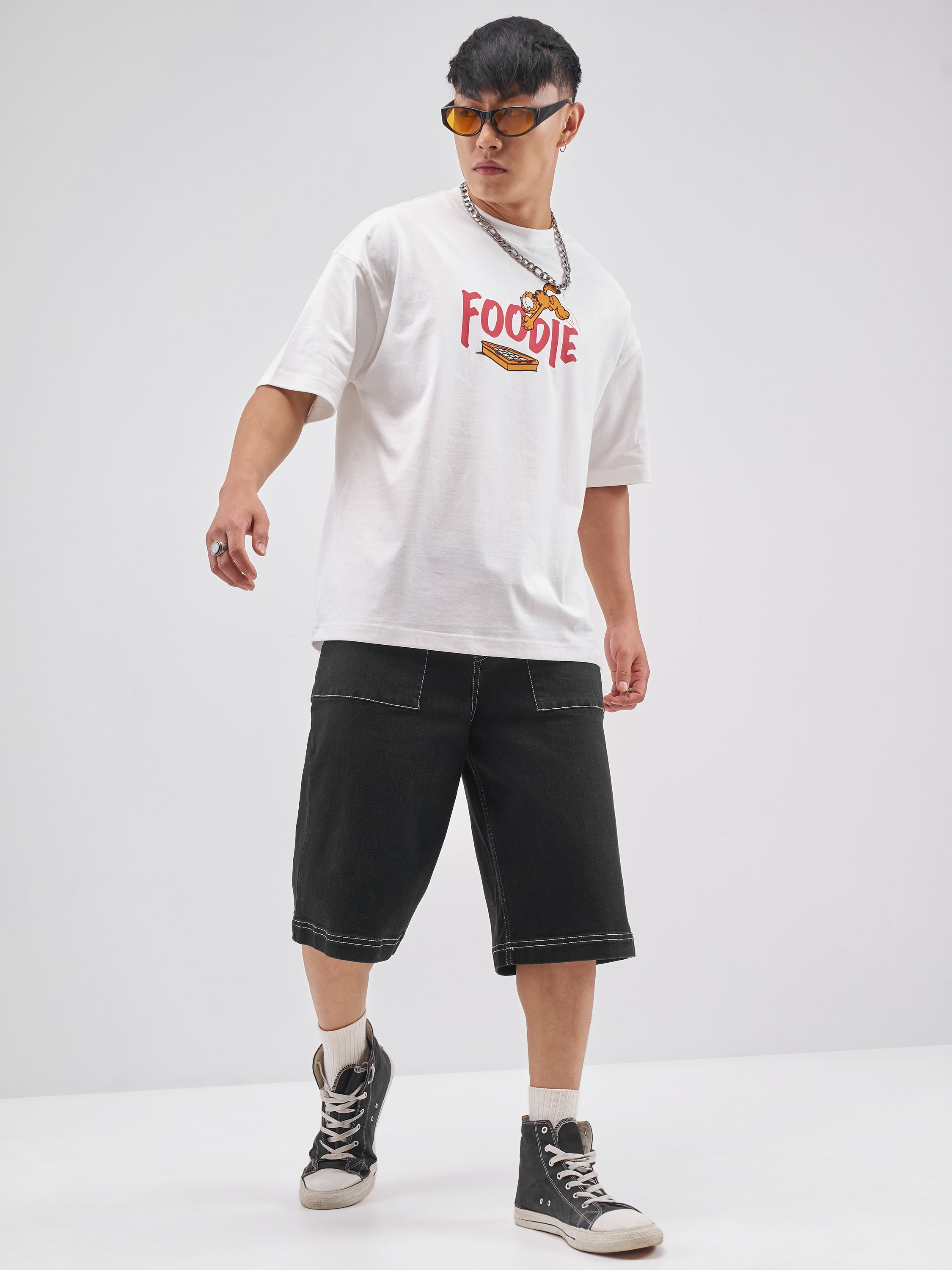 Highlander Men White Garfield Printed Round Neck Oversized Fit T-Shirt - White - Image 2