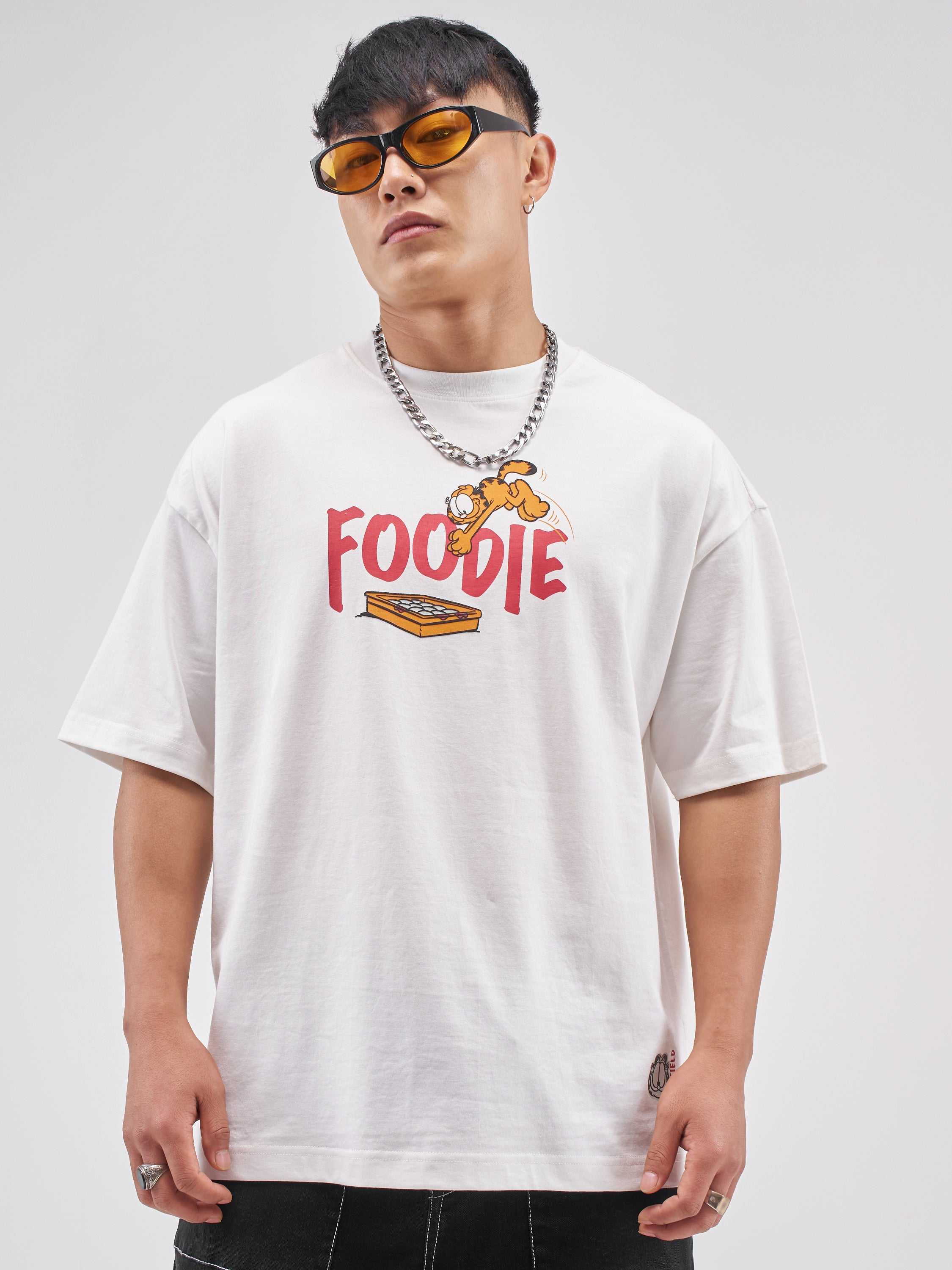 Highlander Men White Garfield Printed Round Neck Oversized Fit T-Shirt - White - Image 3