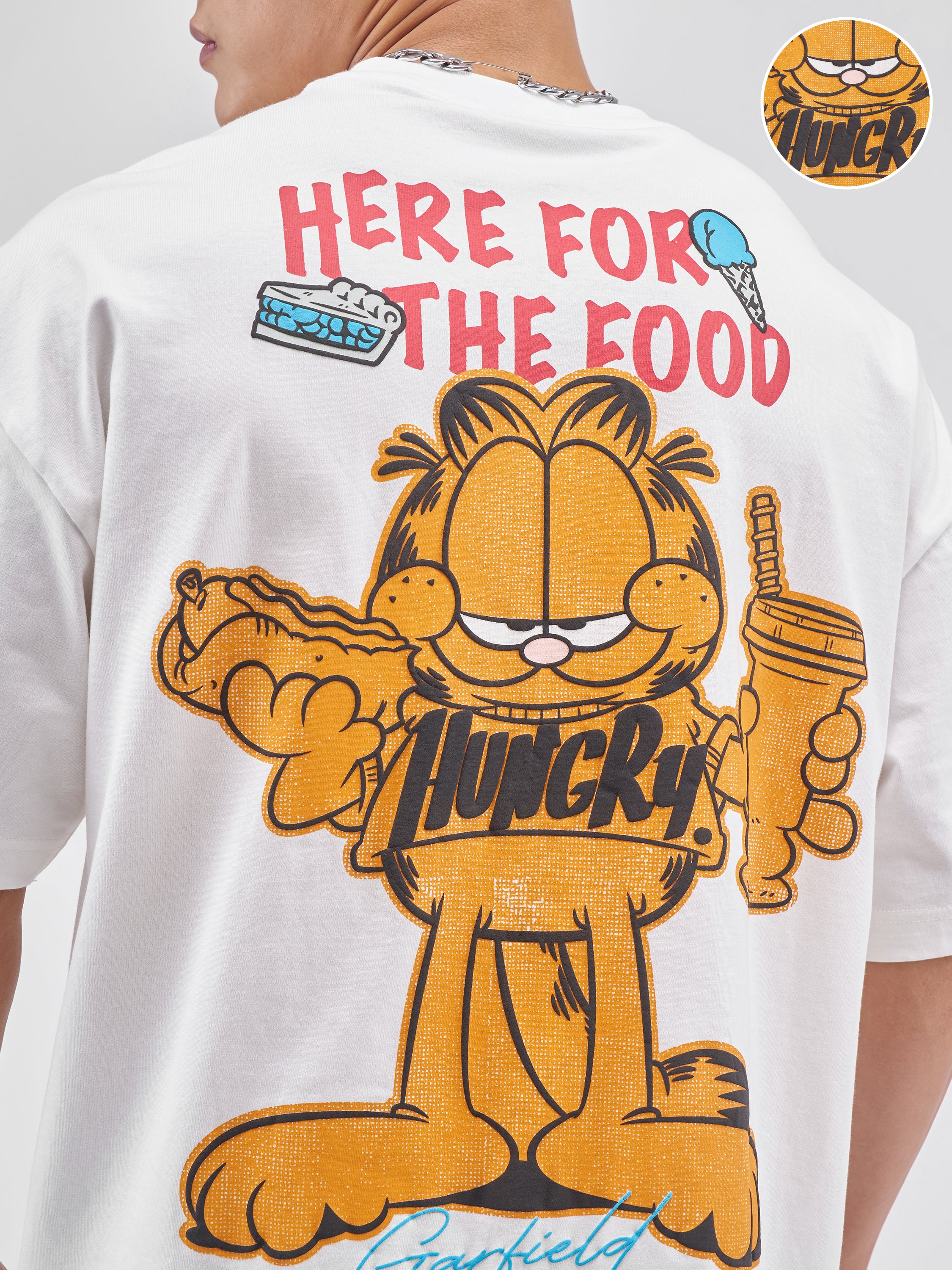Highlander Men White Garfield Printed Round Neck Oversized Fit T-Shirt - White - Image 5