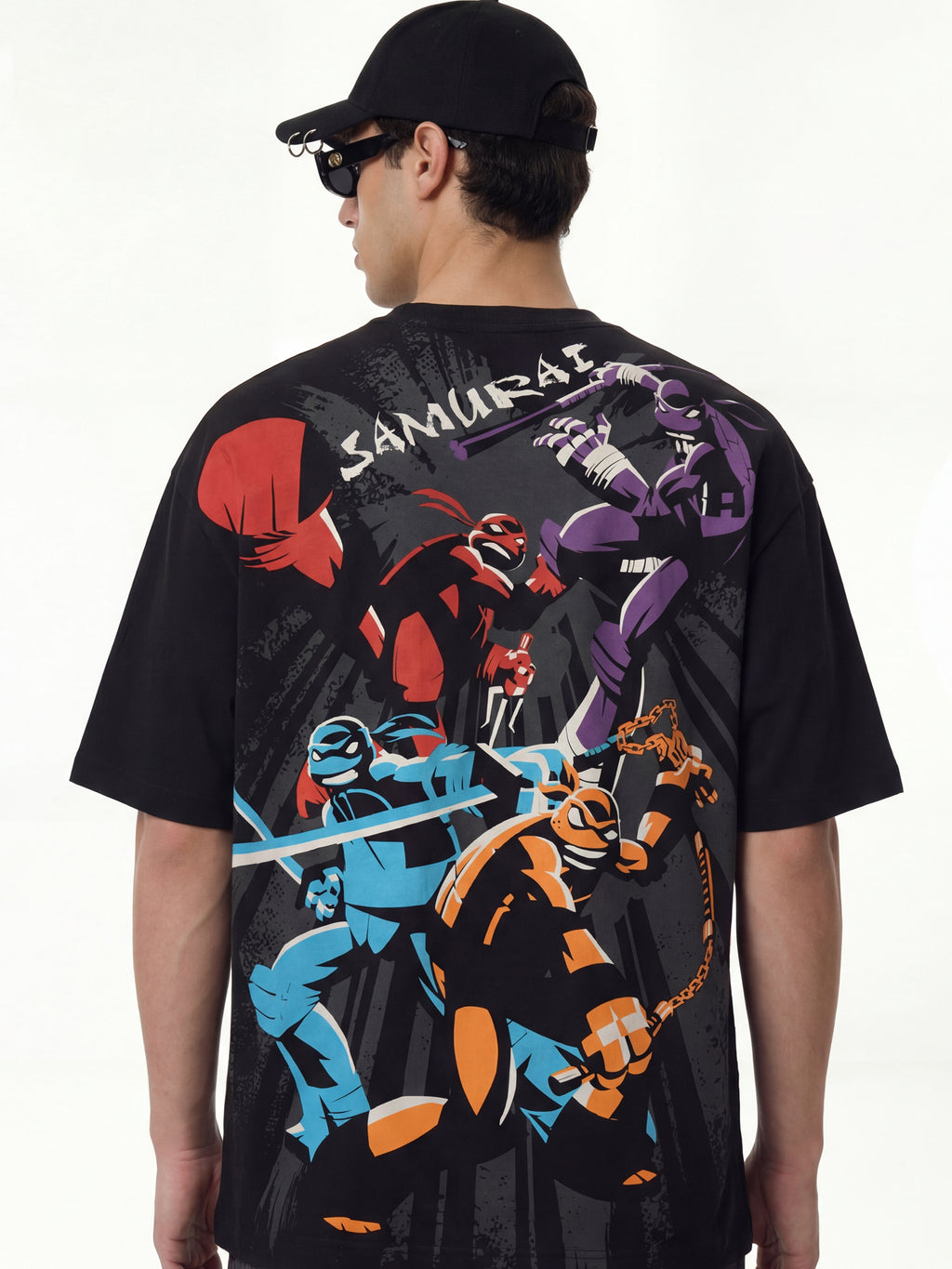 Highlander Men Black Ninja Turtles Printed Round Neck Oversized Fit T-Shirt - Black - Image 3