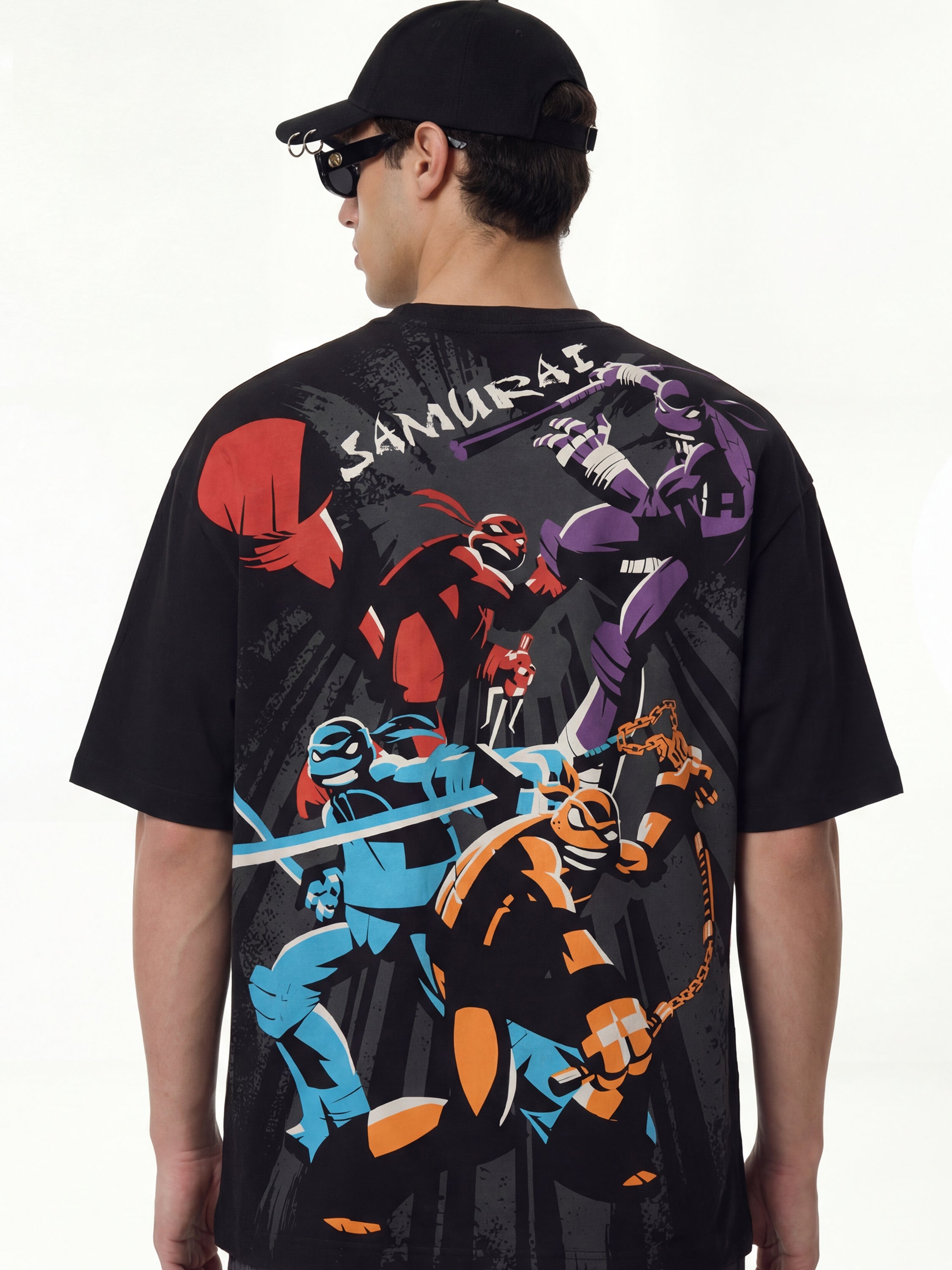 Highlander Men Black Ninja Turtles Printed Round Neck Oversized Fit T-Shirt - Black - Image 3