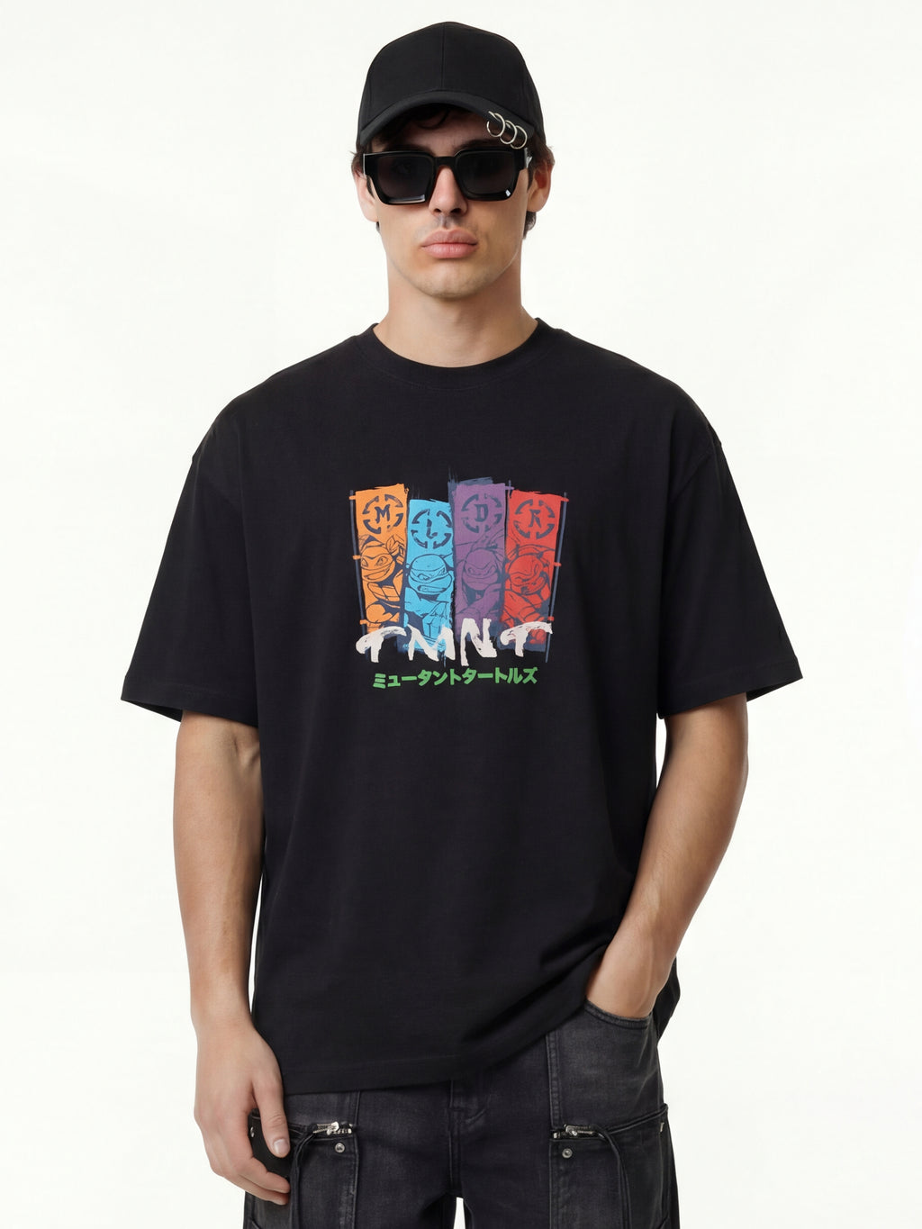 Highlander Men Black Ninja Turtles Printed Round Neck Oversized Fit T-Shirt - Black - Image 5