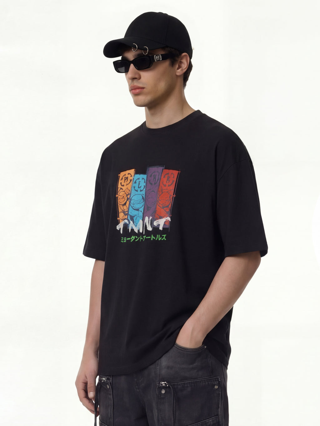 Highlander Men Black Ninja Turtles Printed Round Neck Oversized Fit T-Shirt - Black - Image 6