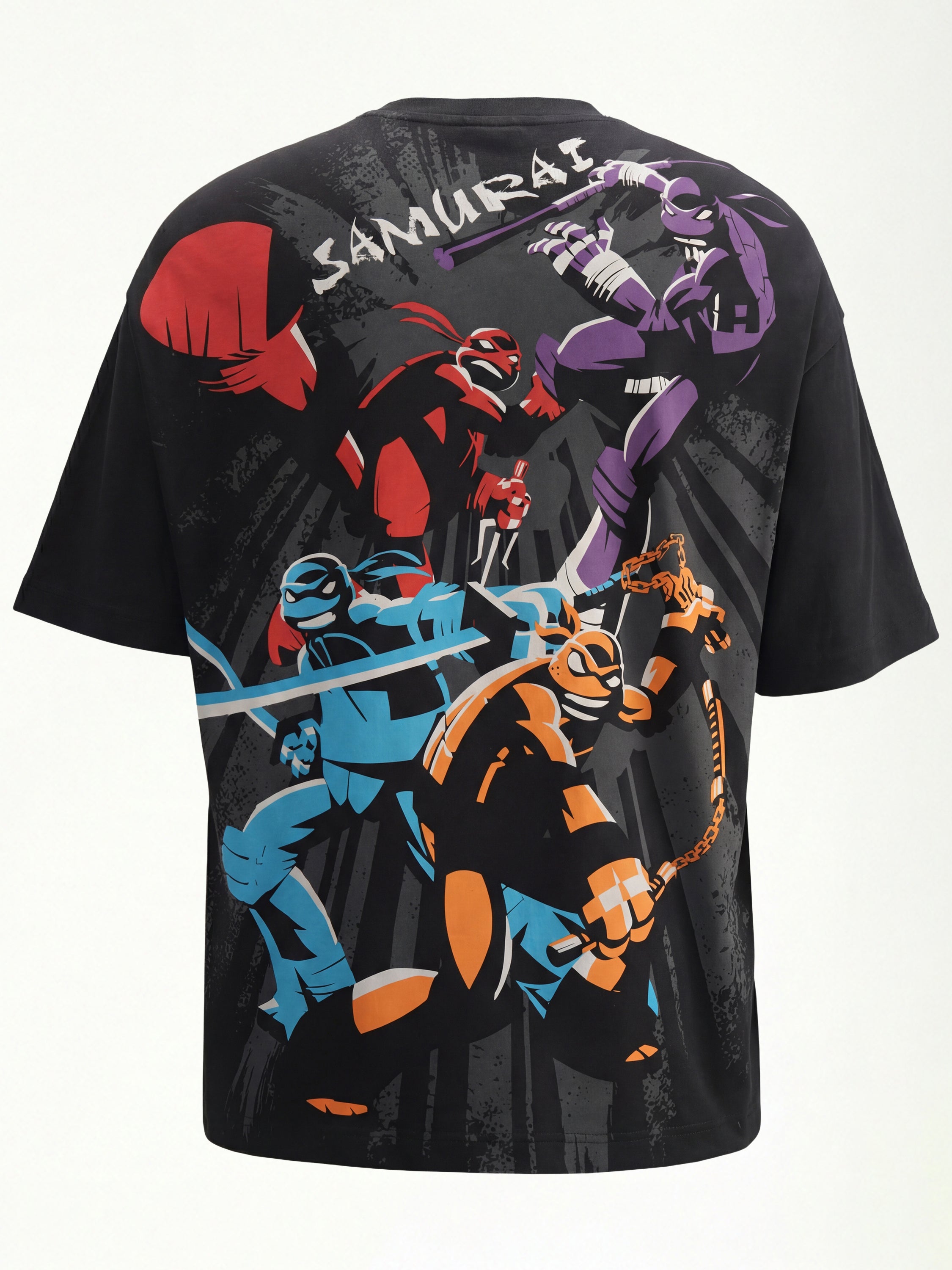 Highlander Men Black Ninja Turtles Printed Round Neck Oversized Fit T-Shirt - Black - Image 9