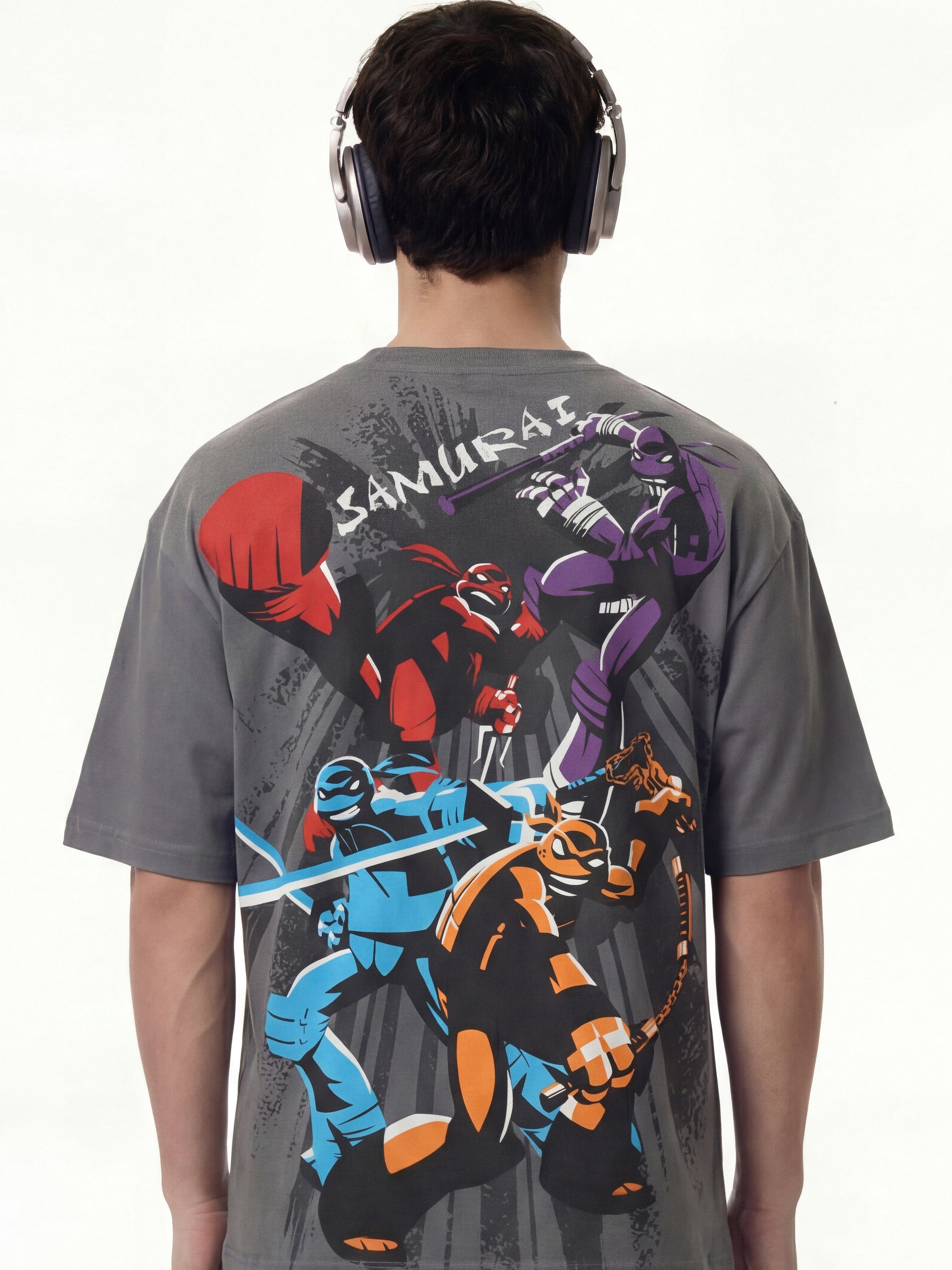 Highlander Men Grey Ninja Turtles Printed Round Neck Oversized Fit T-Shirt - Grey - Image 3