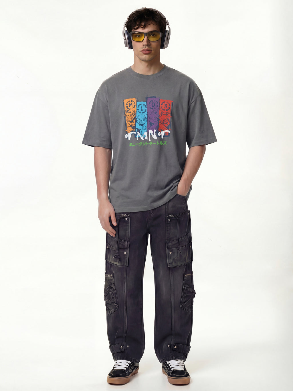 Highlander Men Grey Ninja Turtles Printed Round Neck Oversized Fit T-Shirt - Grey - Image 4