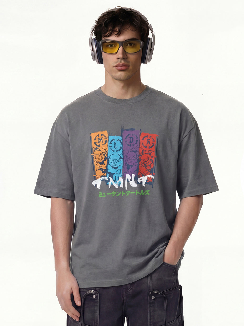 Highlander Men Grey Ninja Turtles Printed Round Neck Oversized Fit T-Shirt - Grey - Image 5