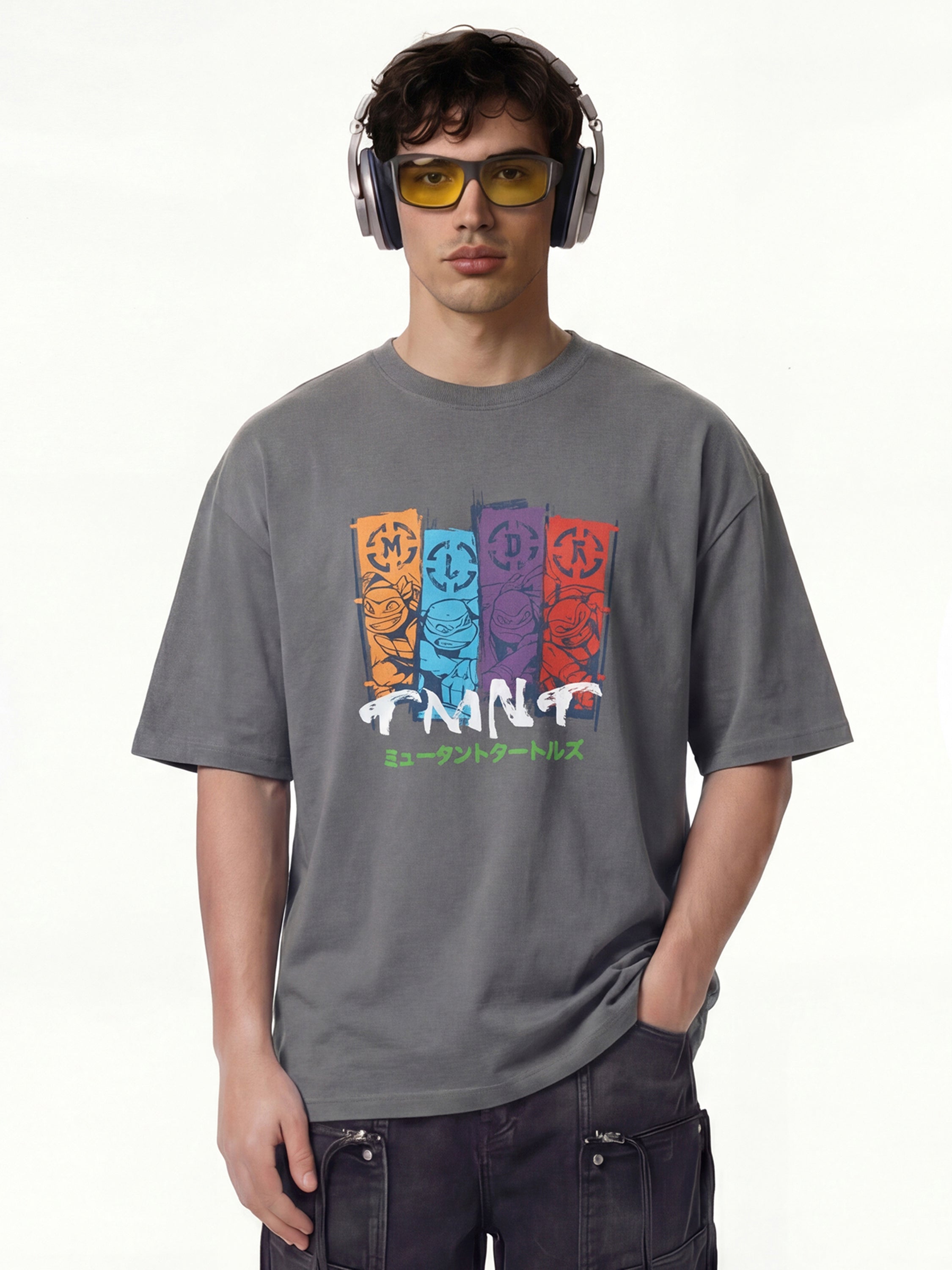 Highlander Men Grey Ninja Turtles Printed Round Neck Oversized Fit T-Shirt - Grey - Image 5