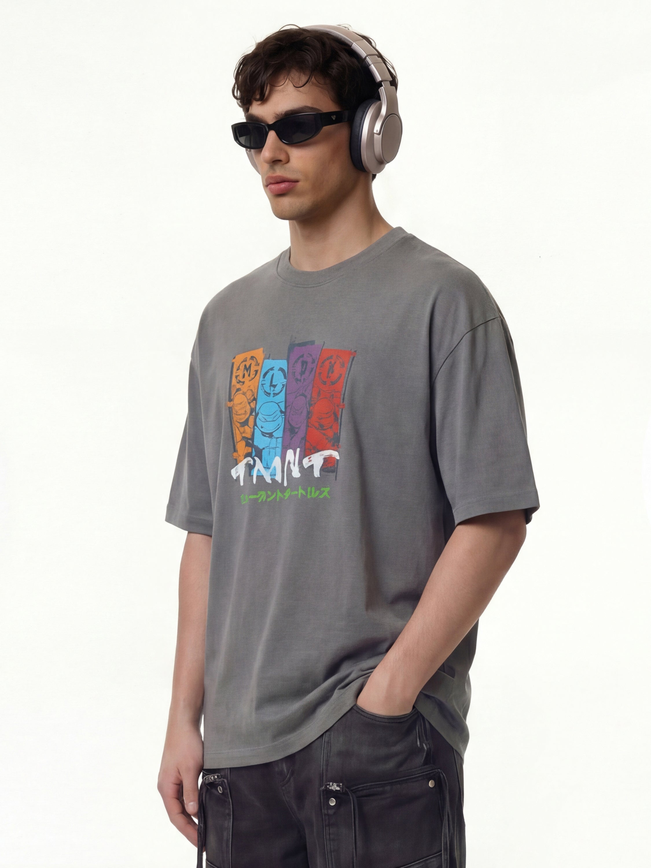 Highlander Men Grey Ninja Turtles Printed Round Neck Oversized Fit T-Shirt - Grey - Image 6