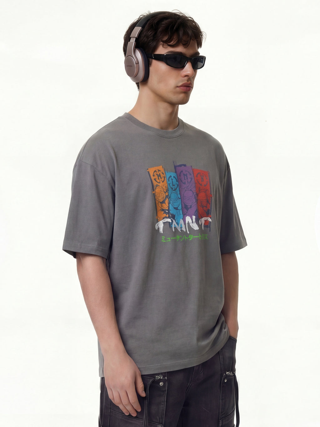 Highlander Men Grey Ninja Turtles Printed Round Neck Oversized Fit T-Shirt - Grey - Image 7