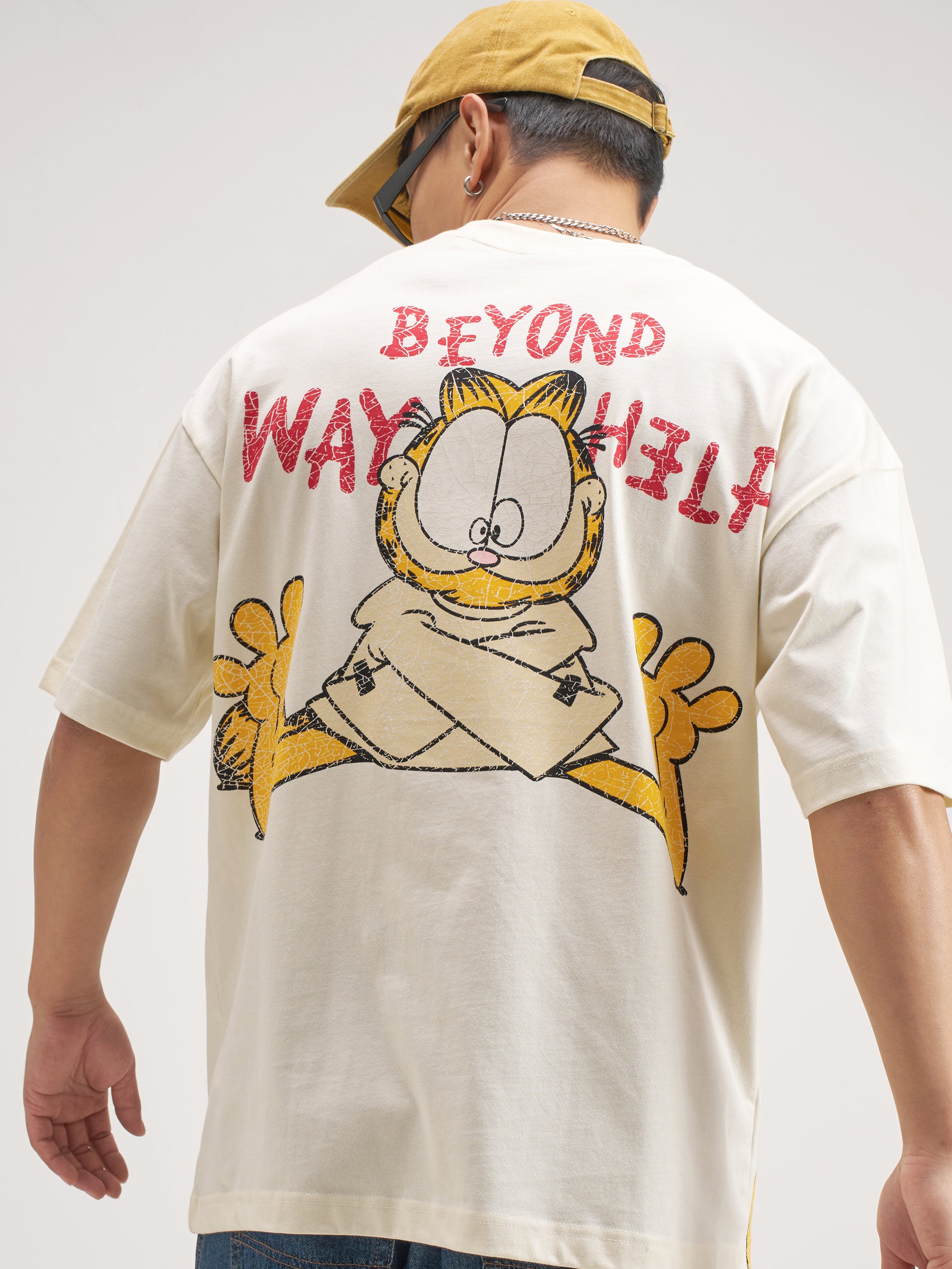 Highlander Men Beige Garfield Printed Round Neck Oversized Fit T-Shirt - Beige - Image 1