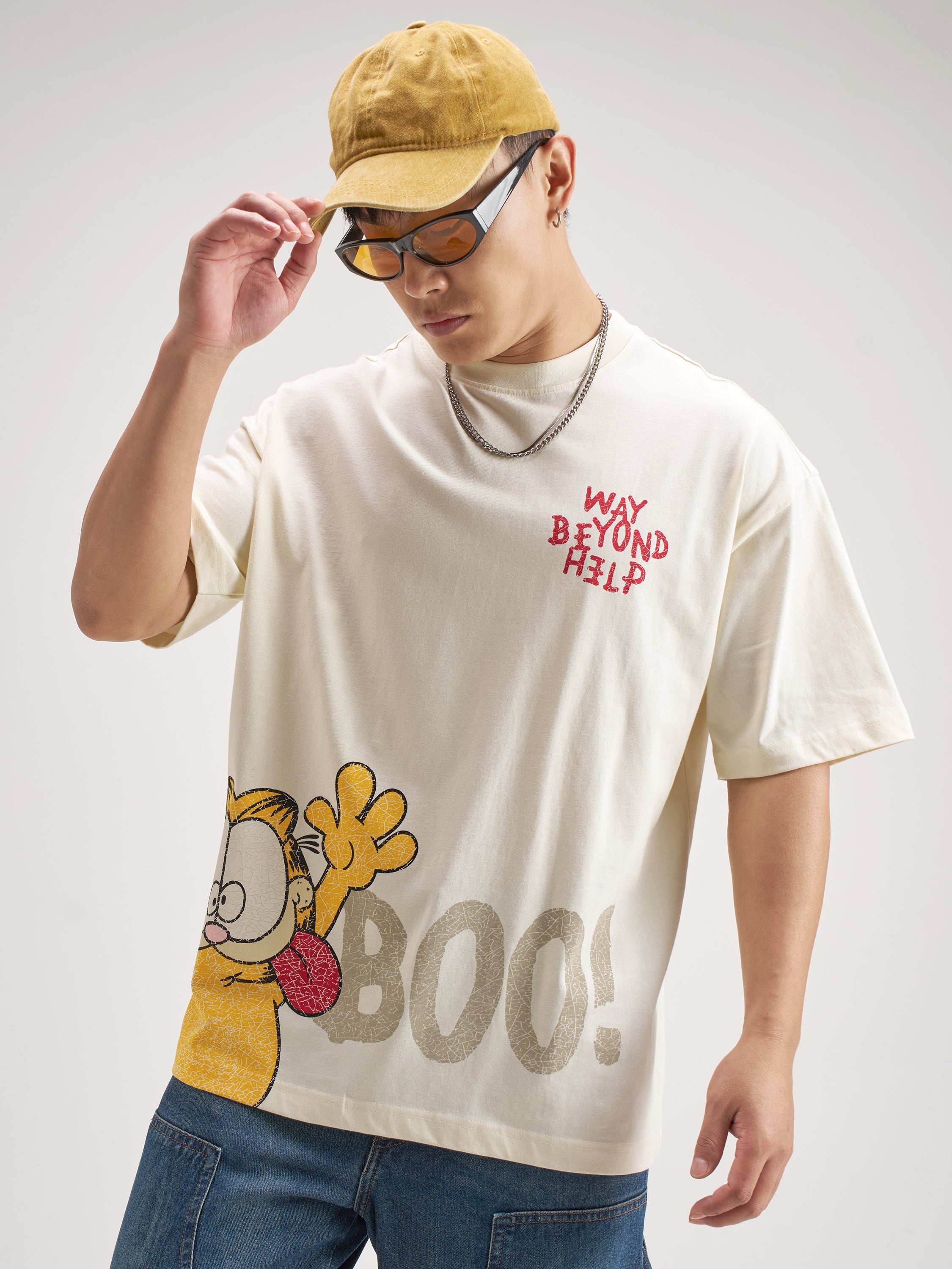 Highlander Men Beige Garfield Printed Round Neck Oversized Fit T-Shirt - Beige - Image 3
