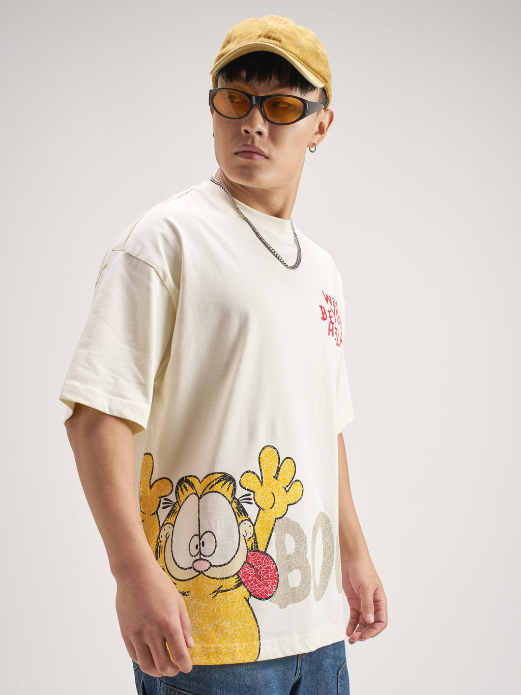 Highlander Men Beige Garfield Printed Round Neck Oversized Fit T-Shirt - Beige - Image 6