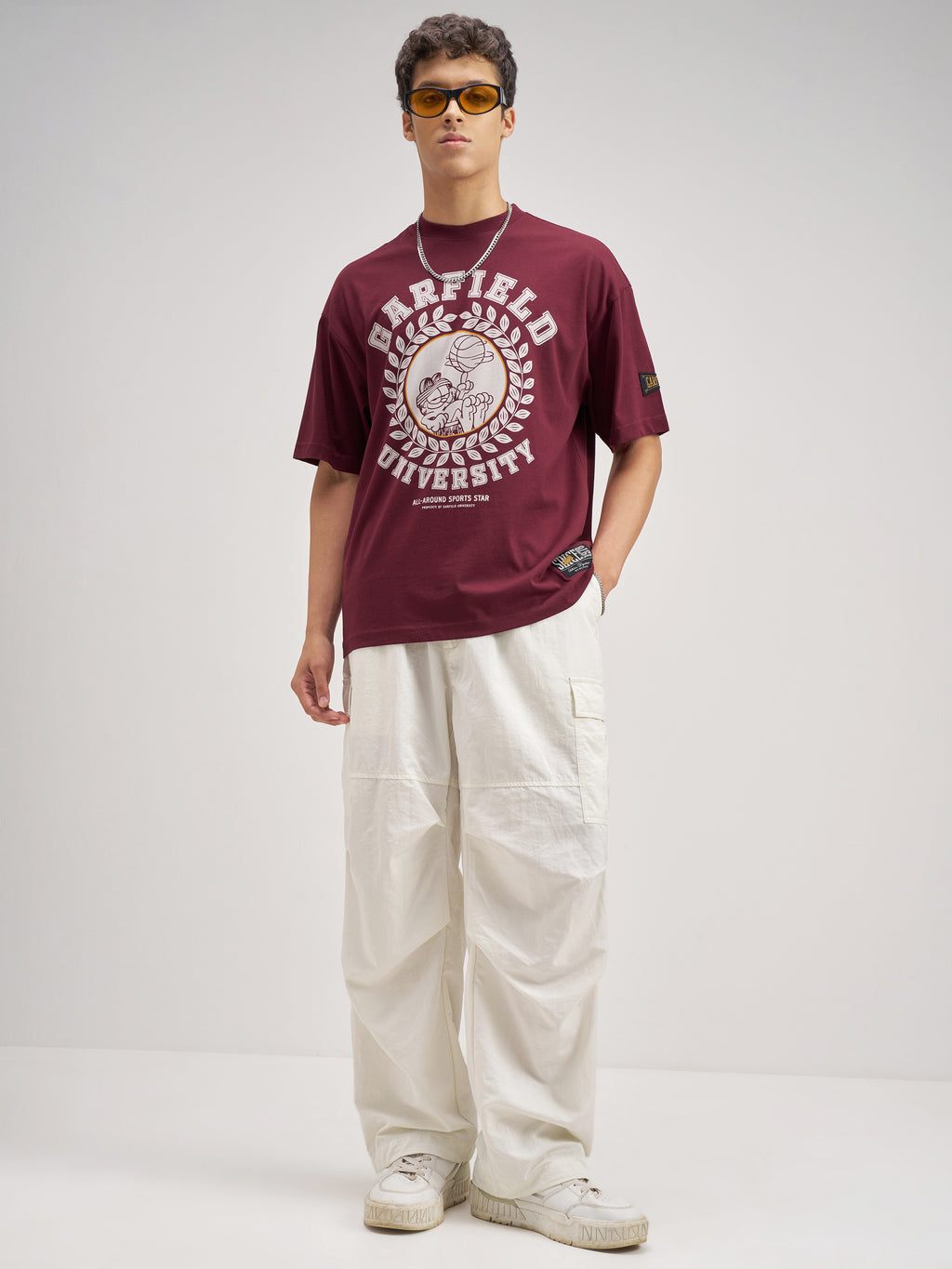 Highlander Men Maroon Garfield Printed Round Neck Oversized Fit T-Shirt - Maroon - Image 2