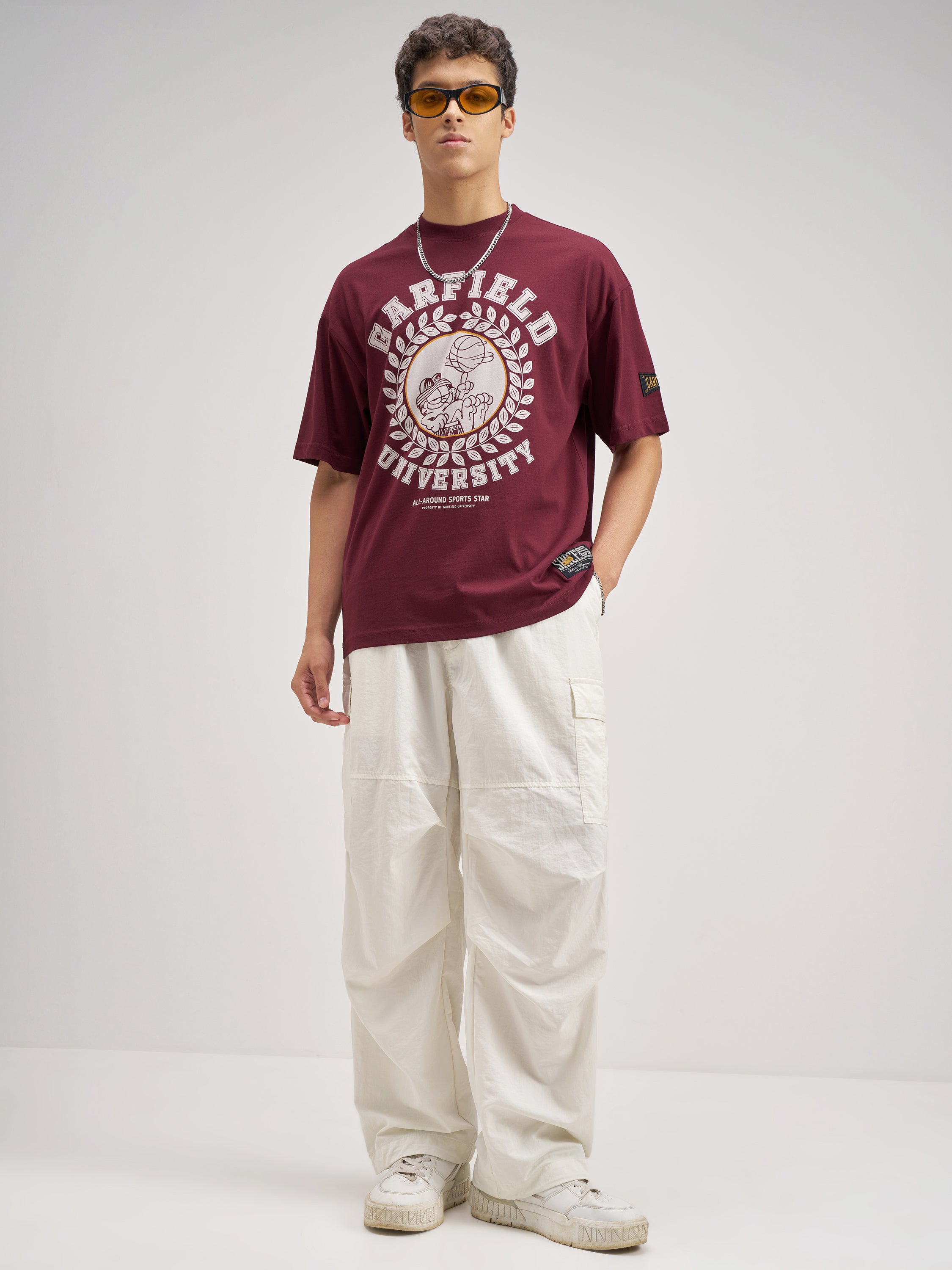 Highlander Men Maroon Garfield Printed Round Neck Oversized Fit T-Shirt - Maroon - Image 2