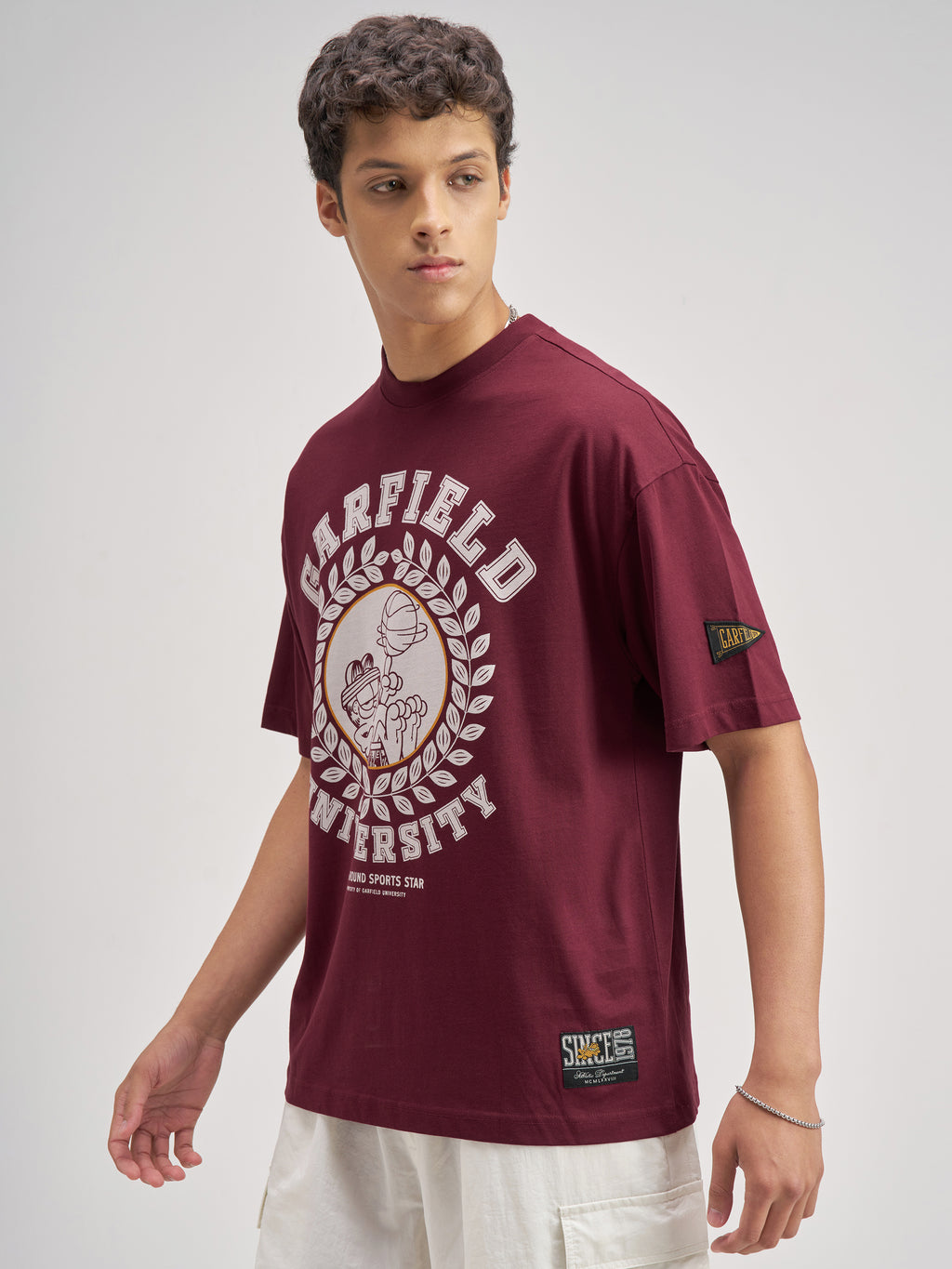 Highlander Men Maroon Garfield Printed Round Neck Oversized Fit T-Shirt - Maroon - Image 4