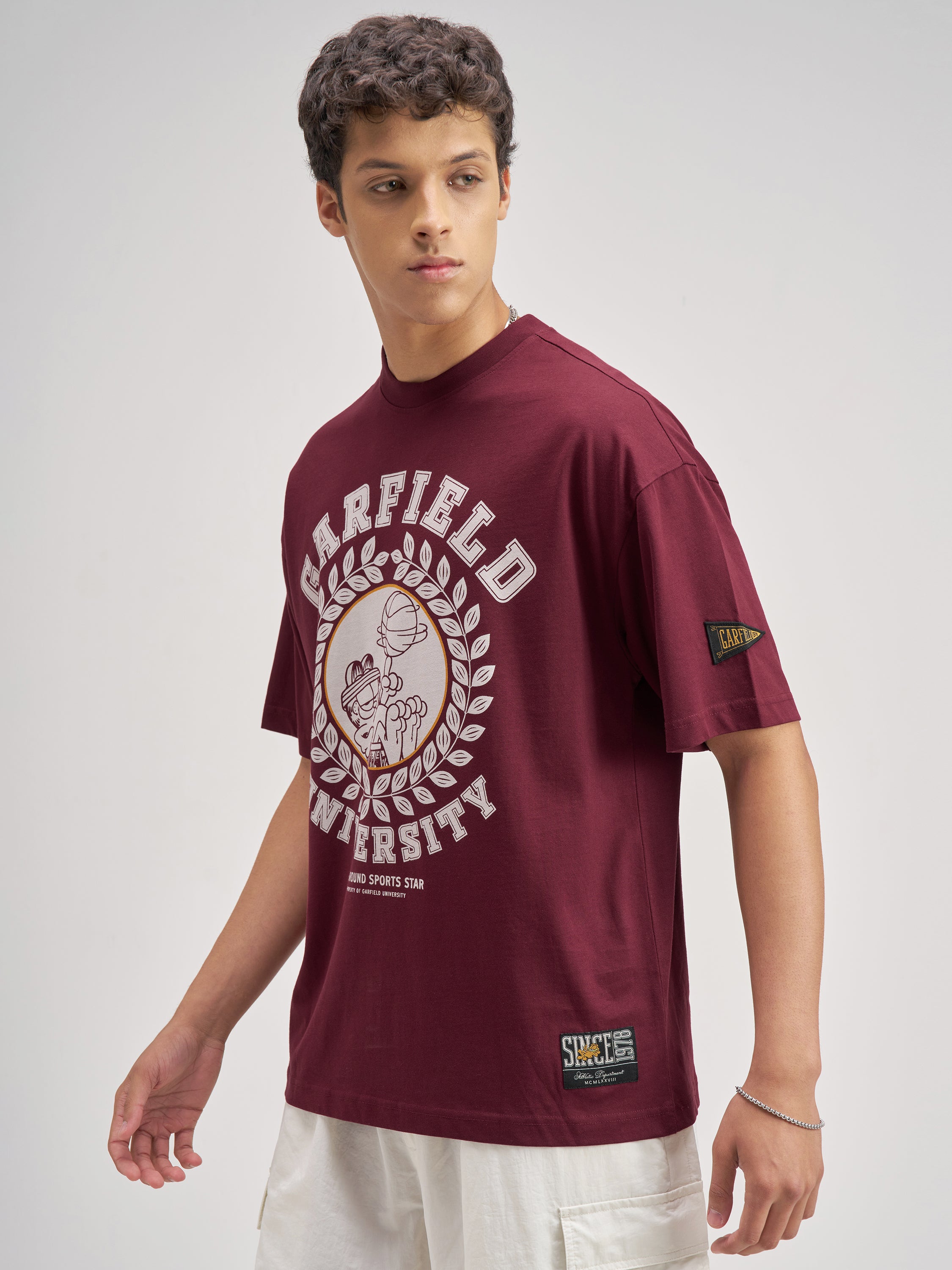 Highlander Men Maroon Garfield Printed Round Neck Oversized Fit T-Shirt - Maroon - Image 4