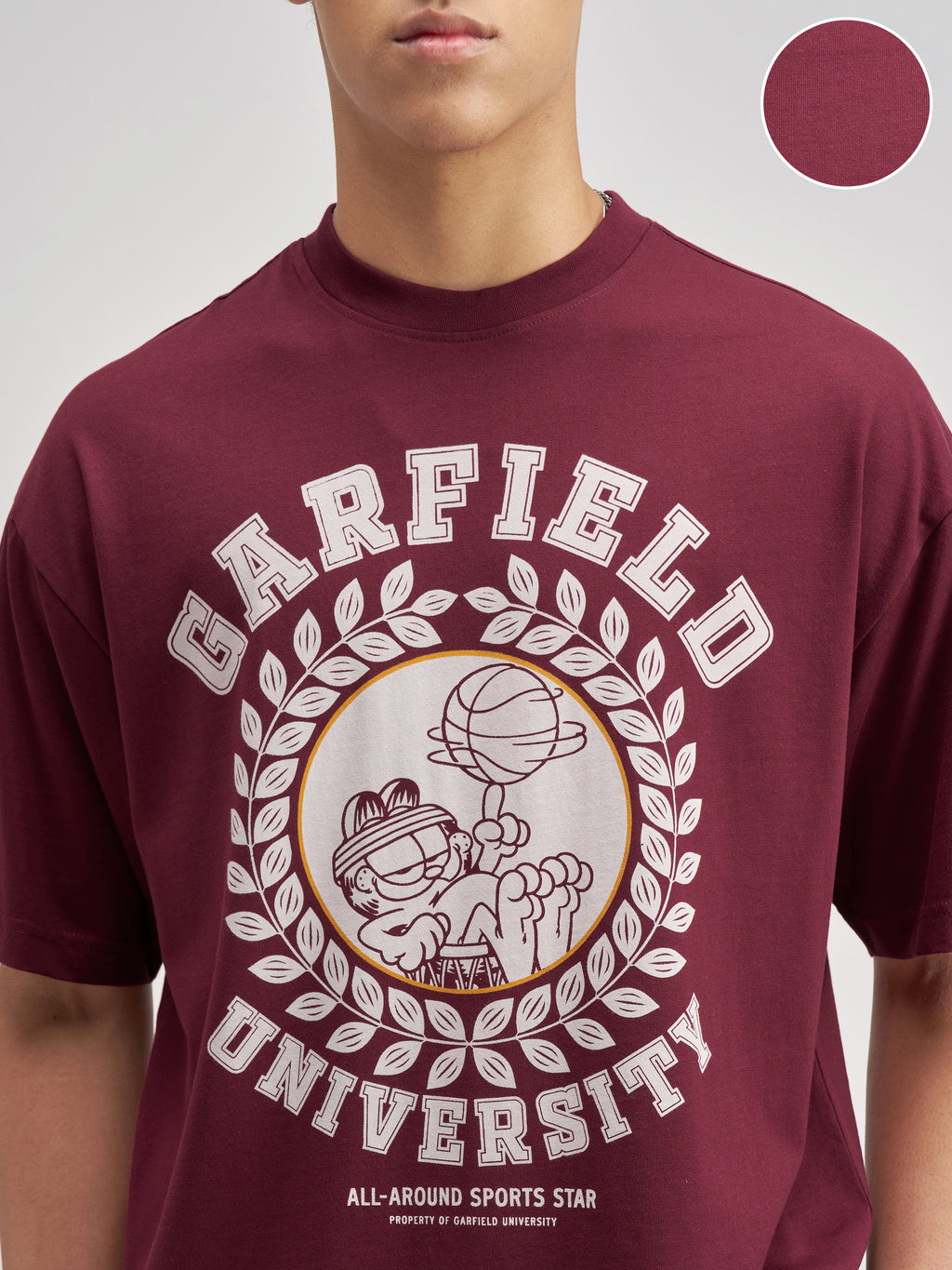 Highlander Men Maroon Garfield Printed Round Neck Oversized Fit T-Shirt - Maroon - Image 5